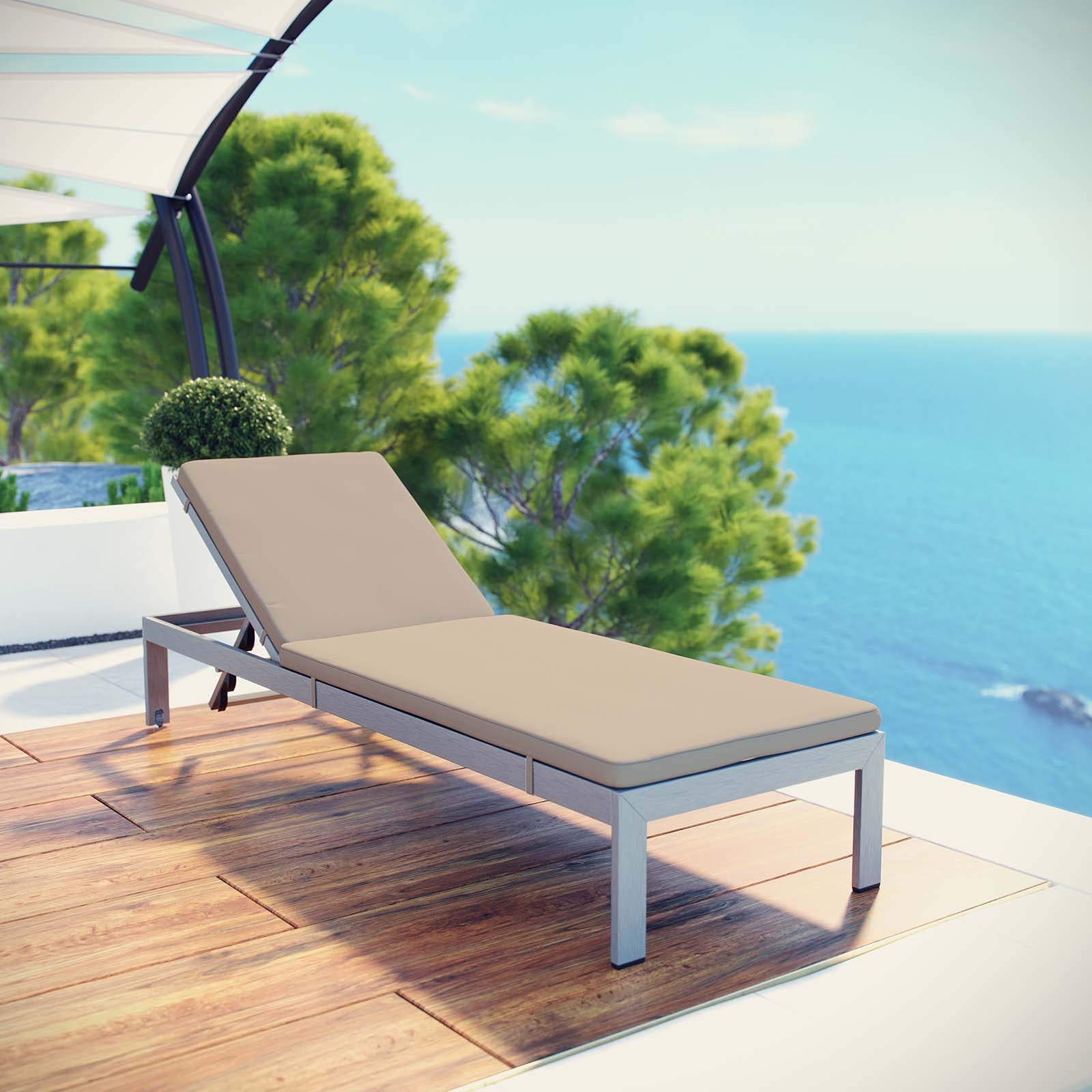 Modway Outdoor Loungers - Shore Outdoor Patio Chaise with Cushions Silver & Beige