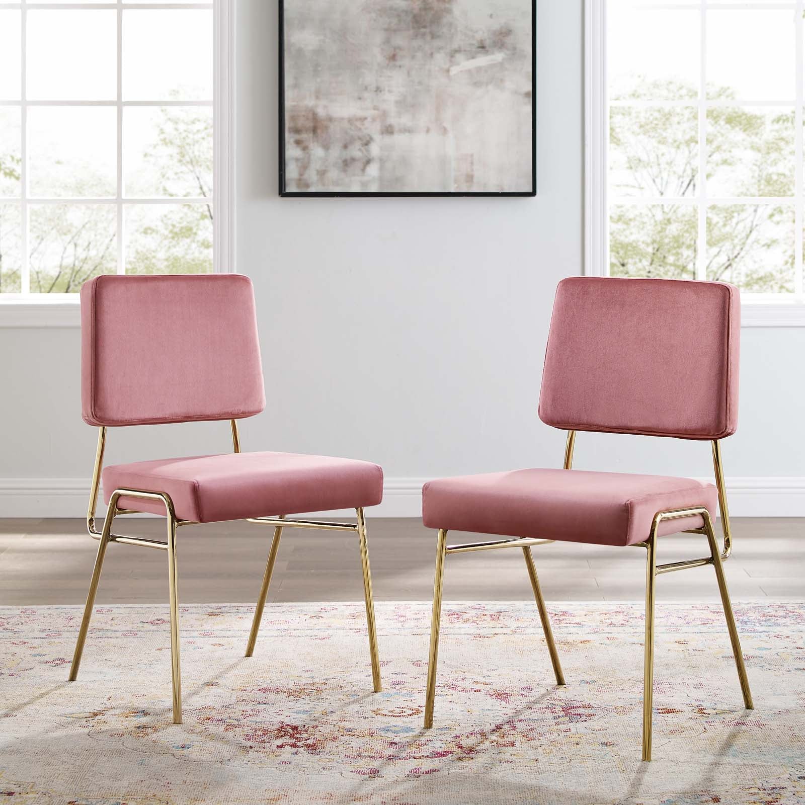 Modway Dining Chairs - Craft Dining Side Chair Performance Velvet Gold Dusty Rose (Set of 2)