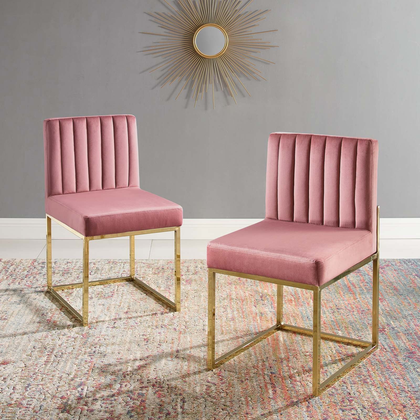 Modway Dining Chairs - Carriage Dining Chair Performance Velvet Gold Dusty Rose (Set of 2)