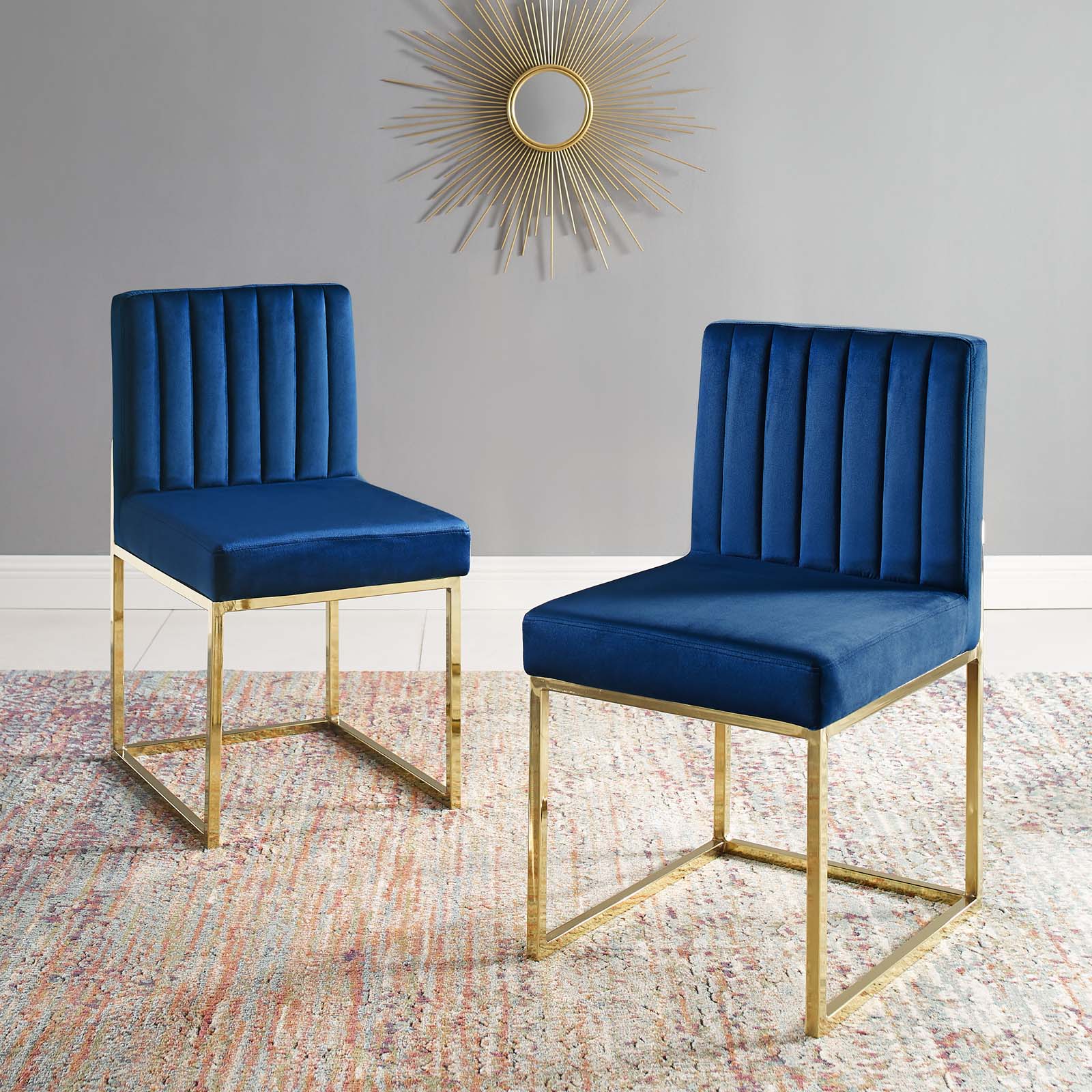 Modway Dining Chairs - Carriage Dining Chair Performance Velvet Gold Navy (Set of 2)