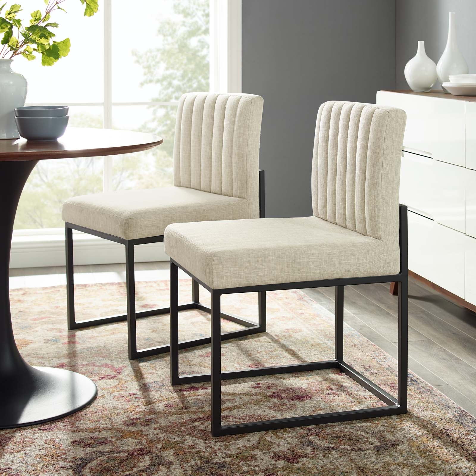 Modway Dining Chairs - Carriage Dining Chair Upholstered Fabric Set of 2 Black Beige