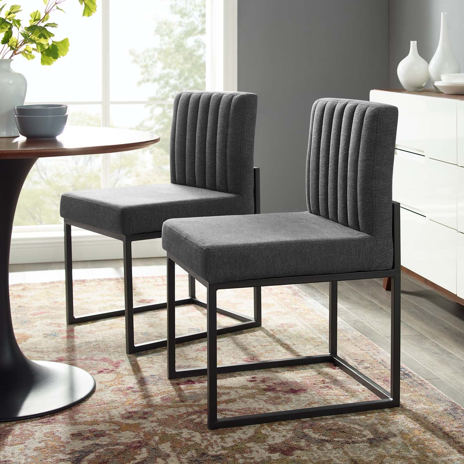 Modway Dining Chairs - Carriage Dining Chair Upholstered Fabric Set of 2 Black Charcoal