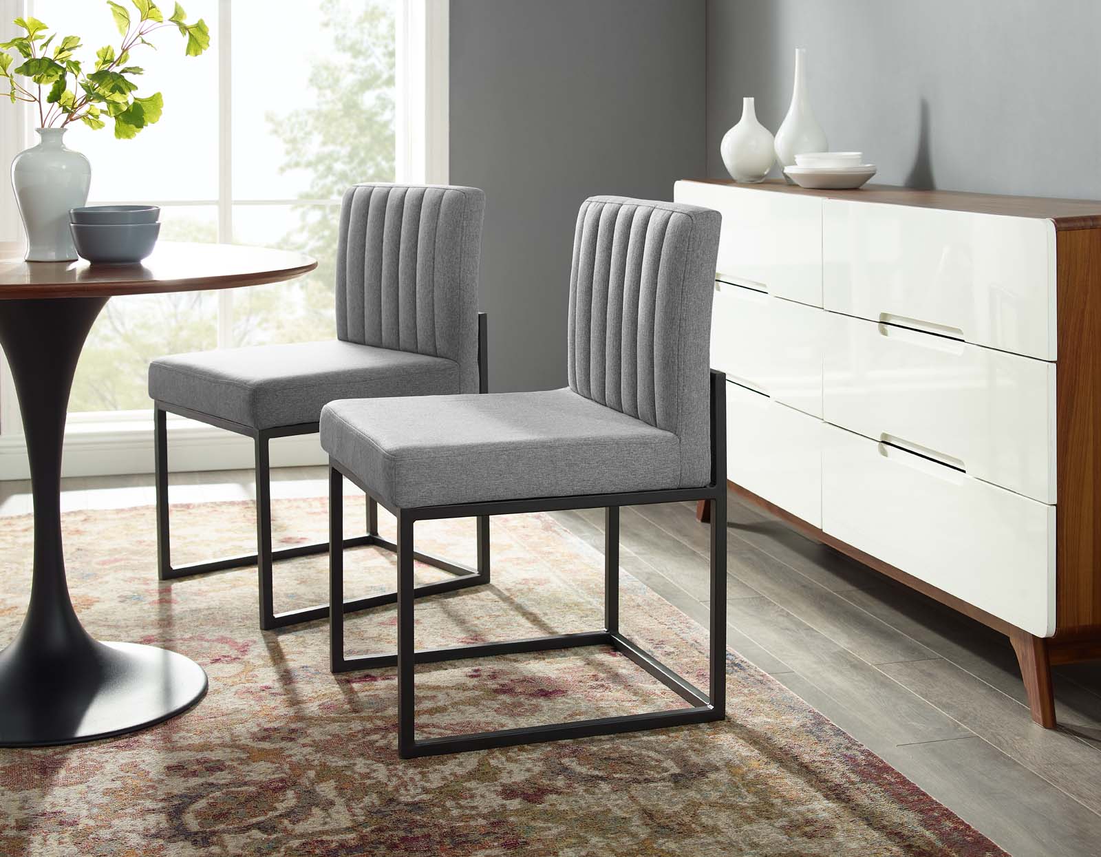 Modway Dining Chairs - Carriage Dining Chair Upholstered Fabric ( Set of 2 ) Black Light Gray
