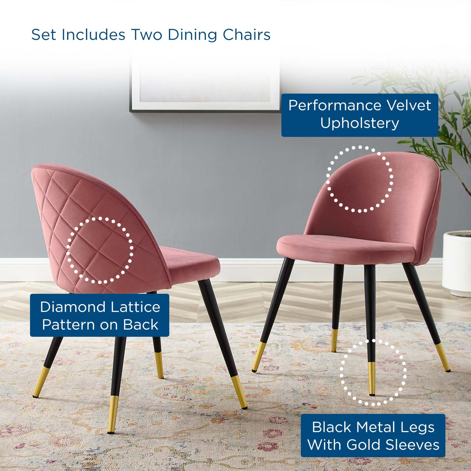 Modway Dining Chairs - Cordial-Performance-Velvet-Dining-Chairs---Set-of-2-Dusty-Rose