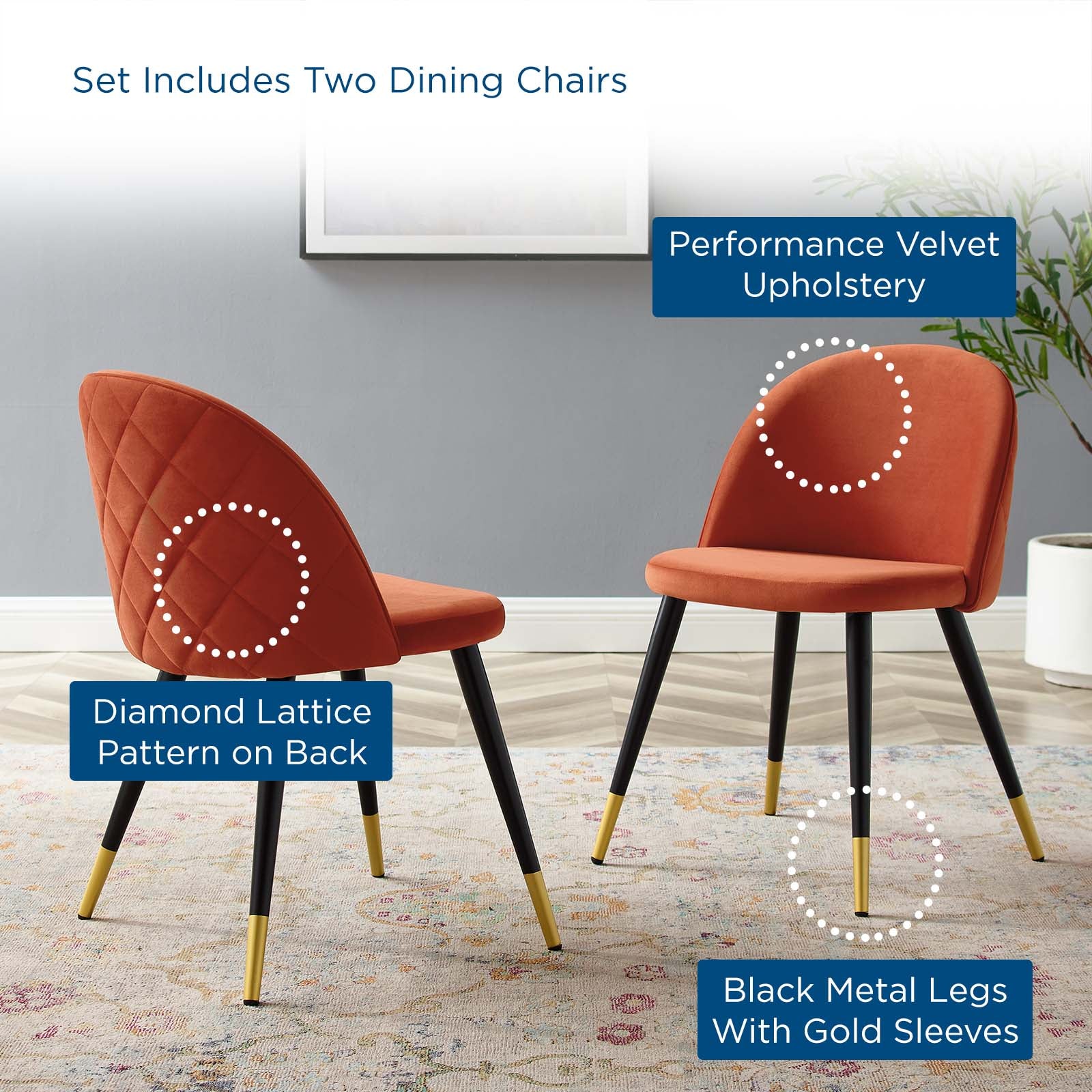 Modway Dining Chairs - Cordial-Performance-Velvet-Dining-Chairs---Set-of-2-Orange