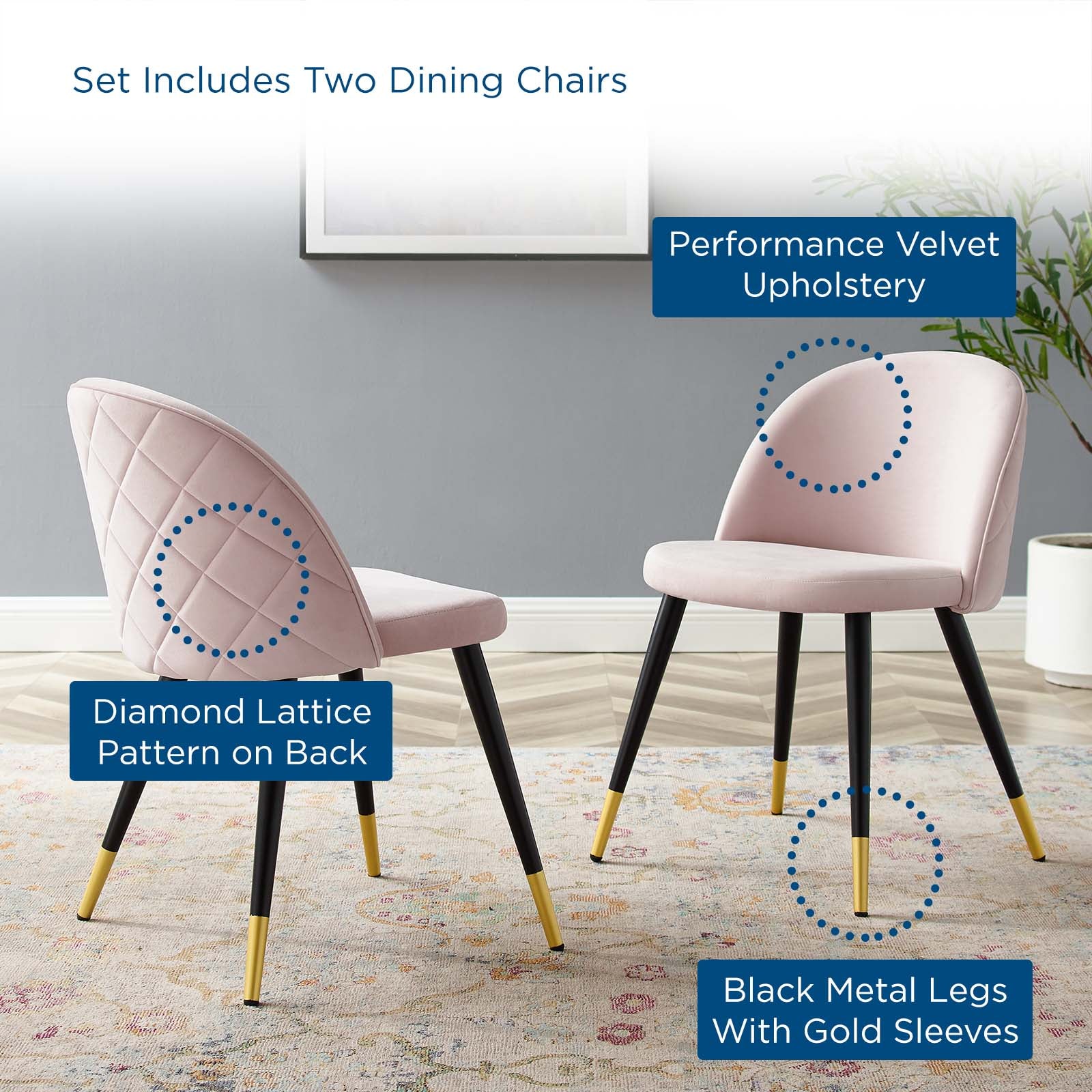 Modway Dining Chairs - Cordial-Performance-Velvet-Dining-Chairs---Set-of-2-Pink