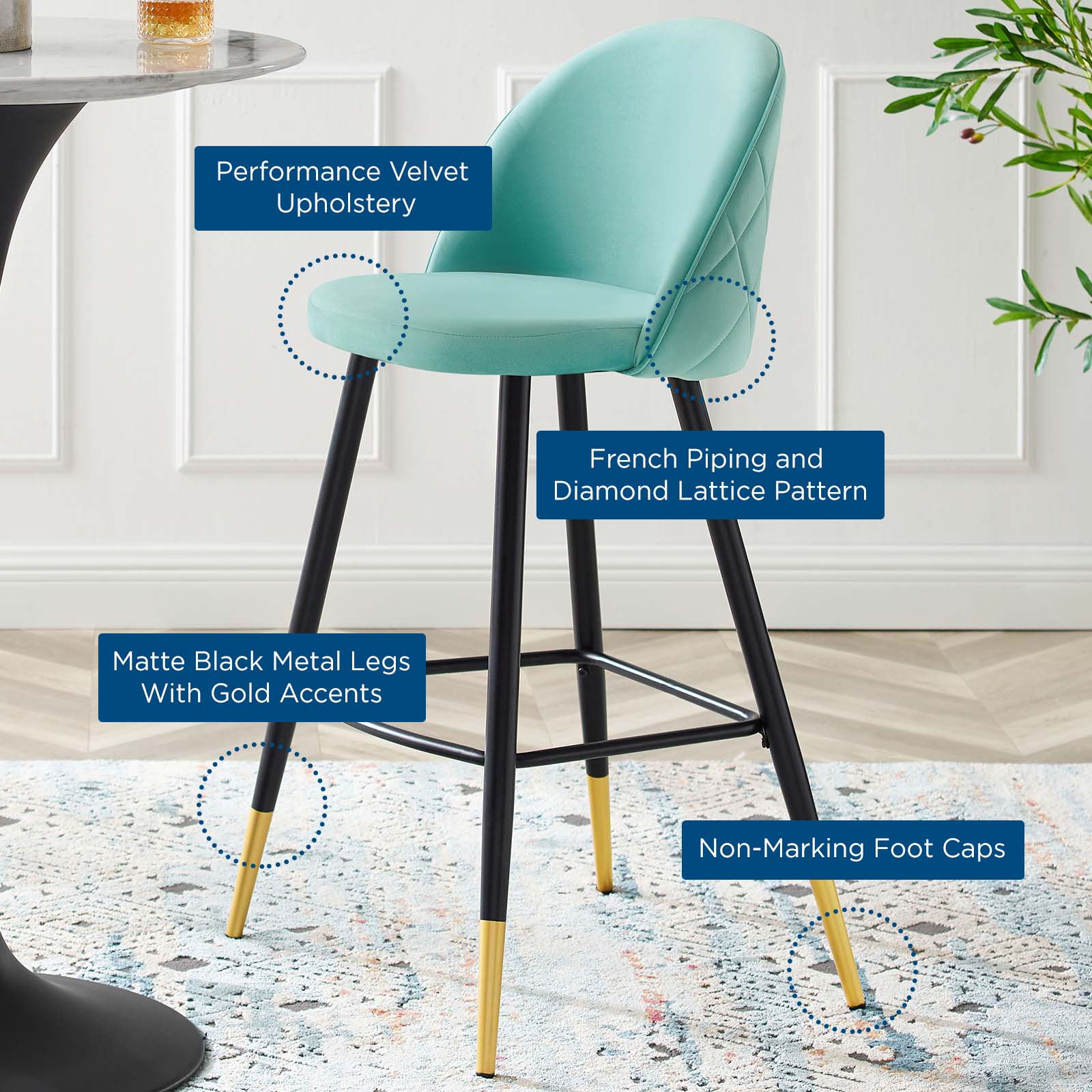 Modway Barstools - Cordial Performance Velvet Bar Stools - Set of 2 Mint