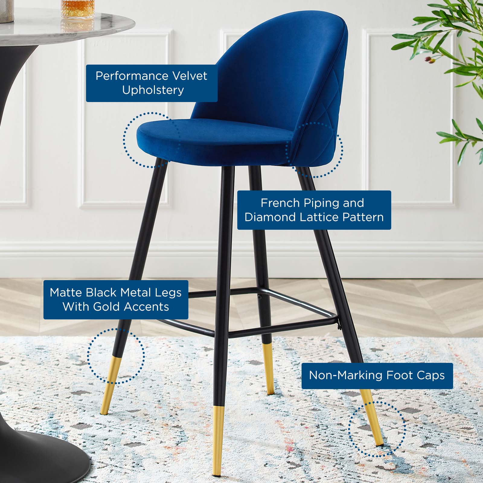 Modway Barstools - Cordial-Performance-Velvet-Bar-Stools---Set-of-2-Navy