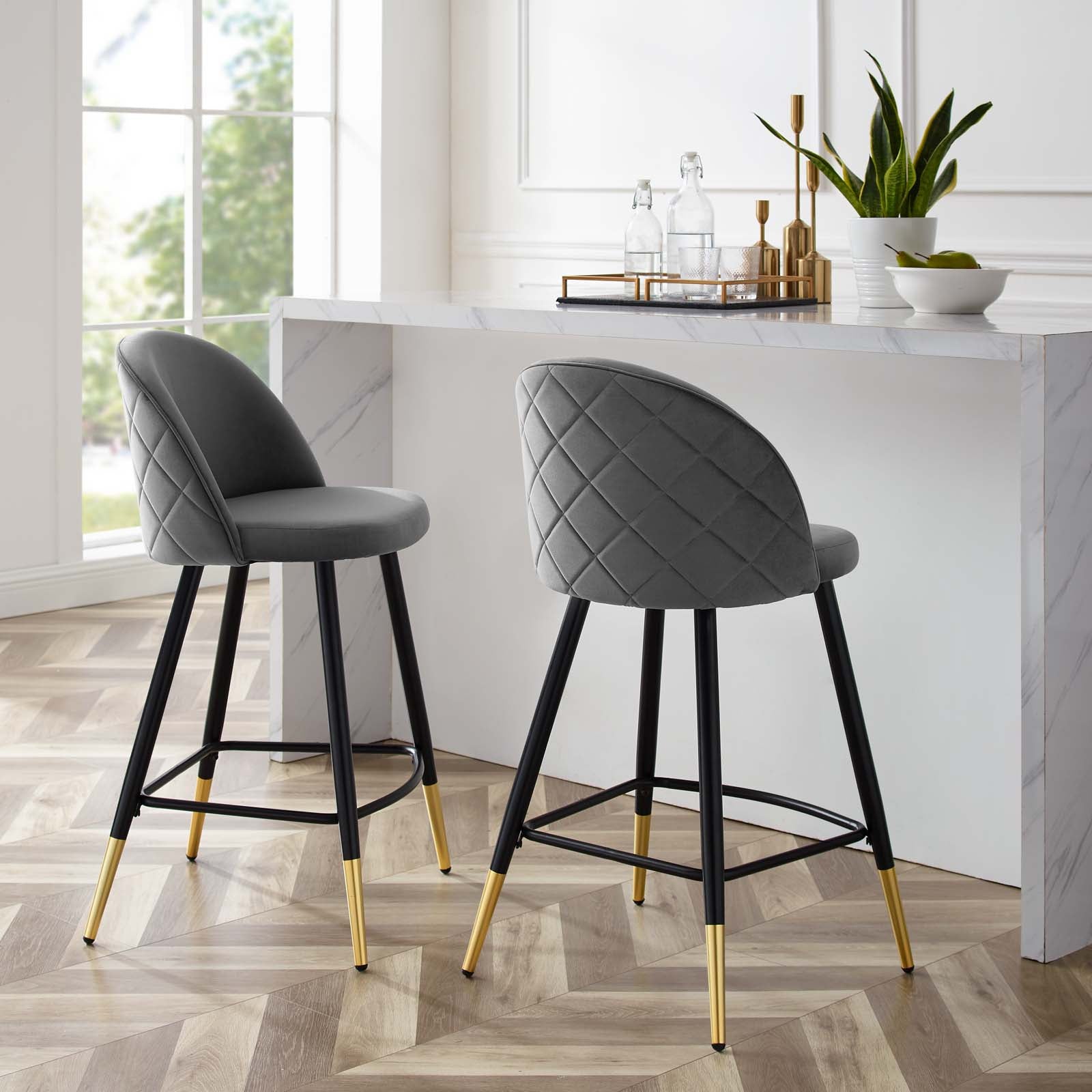 Modway Barstools - Cordial Performance Velvet Counter Stools - ( Set of 2 ) Gray