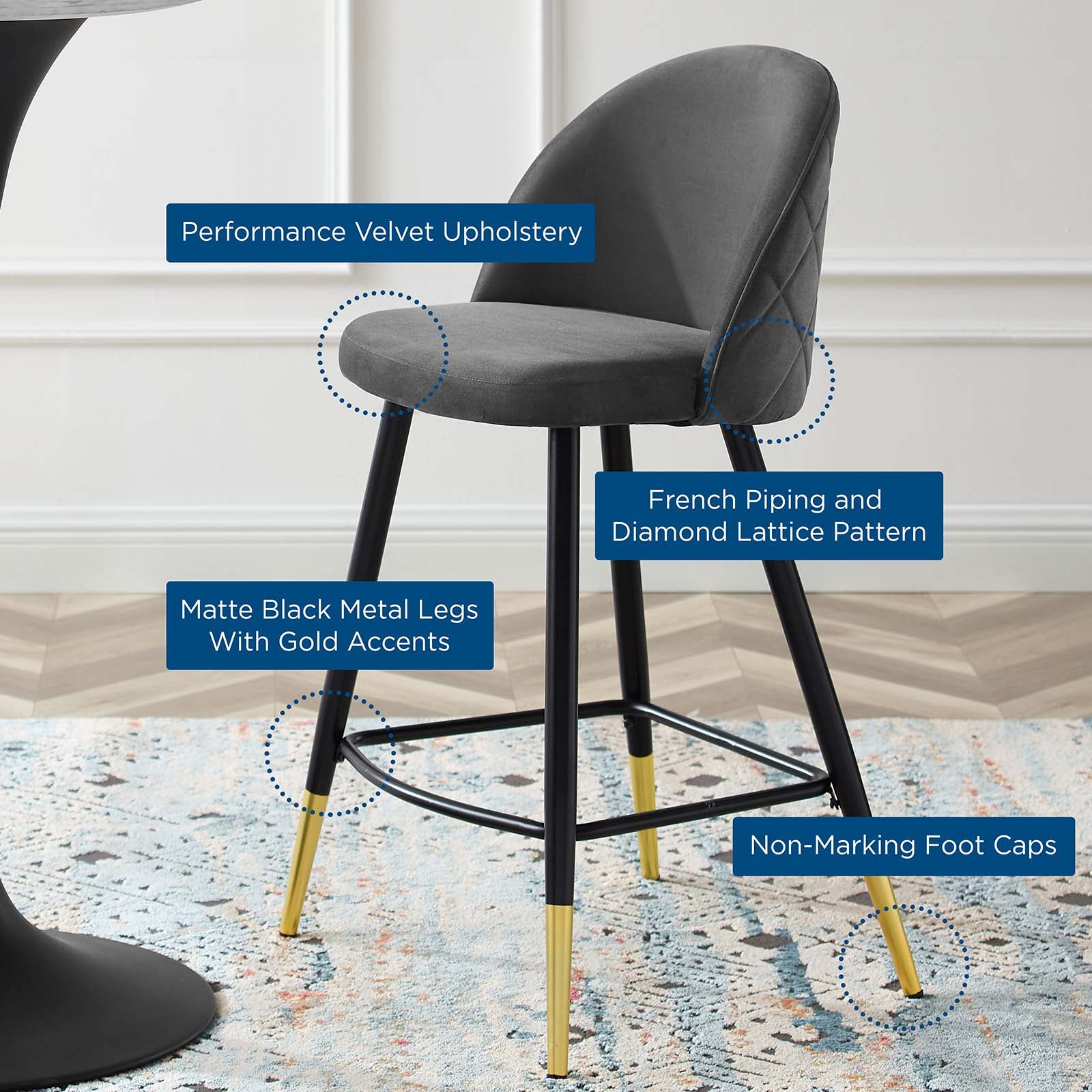 Modway Barstools - Cordial Performance Velvet Counter Stools - ( Set of 2 ) Gray