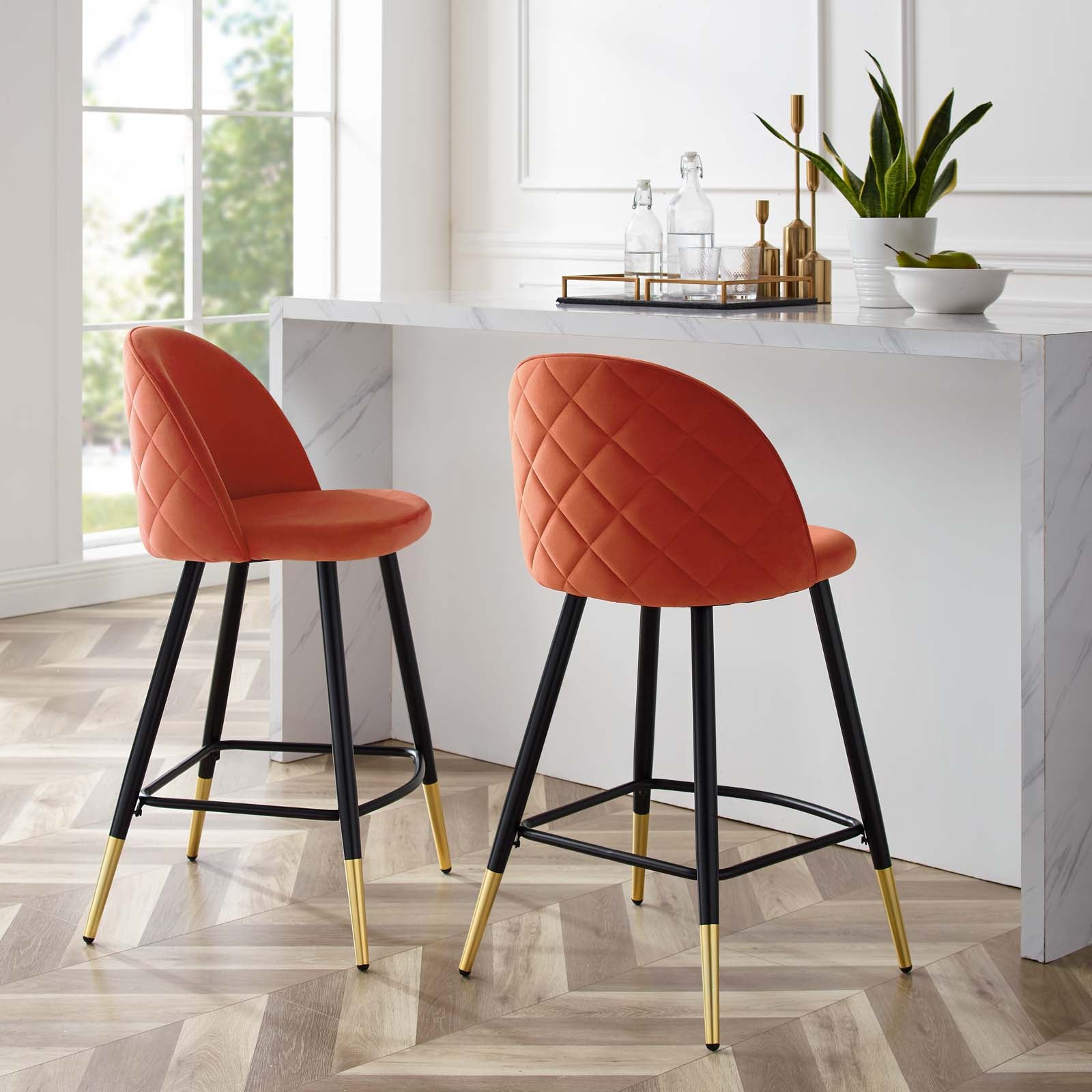 Modway Barstools - Cordial Performance Velvet Counter Stools - ( Set of 2 ) Orange
