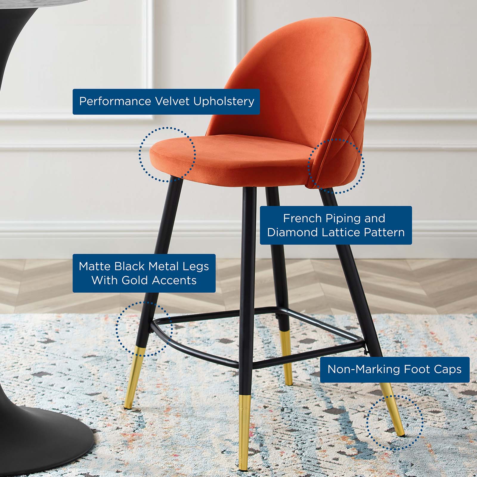 Modway Barstools - Cordial Performance Velvet Counter Stools - ( Set of 2 ) Orange