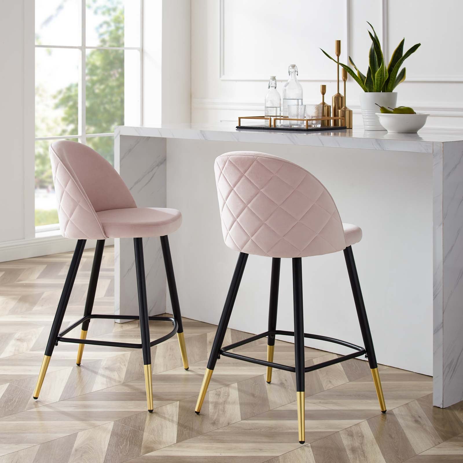 Modway Barstools - Cordial Performance Velvet Counter Stools - ( Set of 2 ) Pink