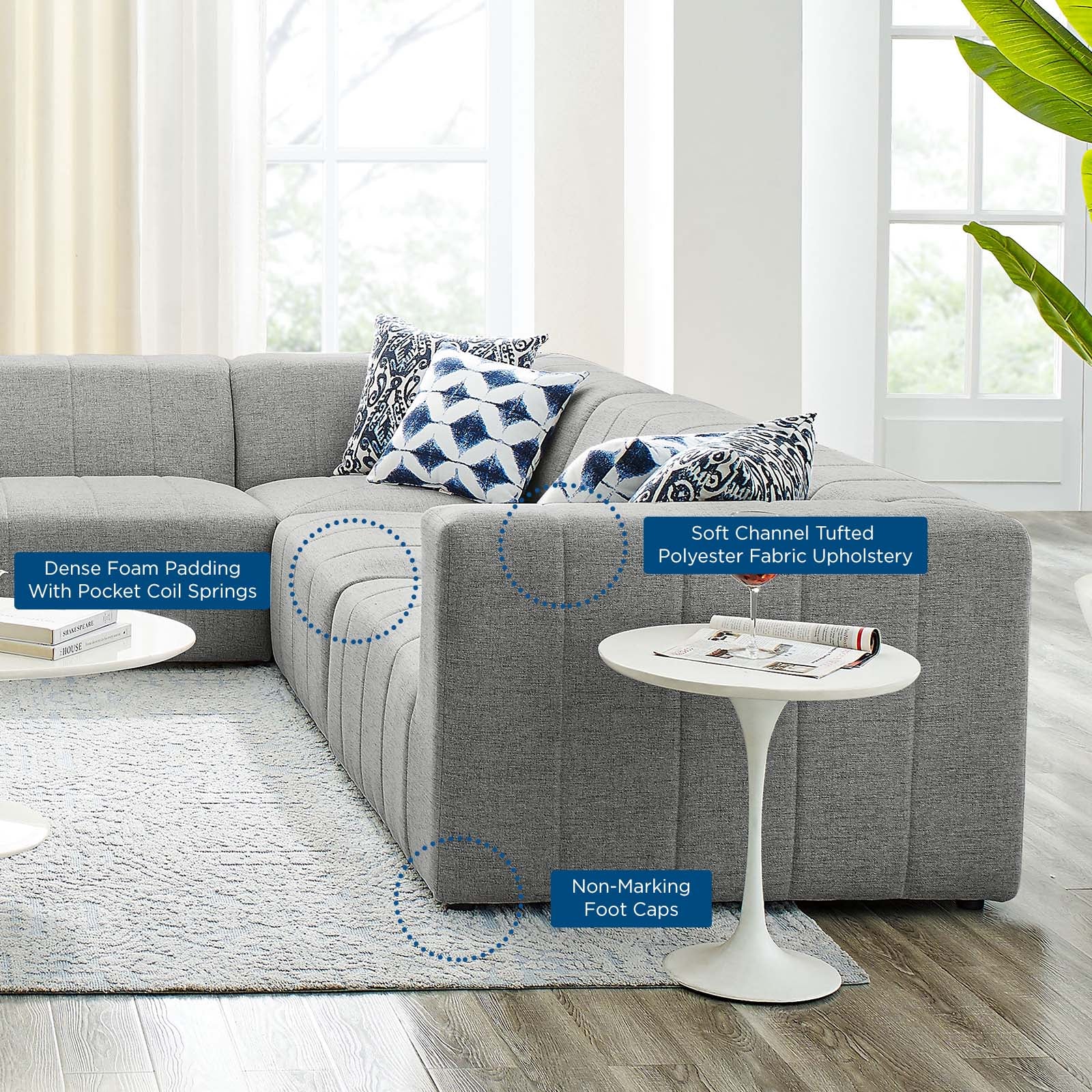 Modway Sectional Sofas - Bartlett Upholstered Fabric 8-Piece Sectional Sofa Light Gray