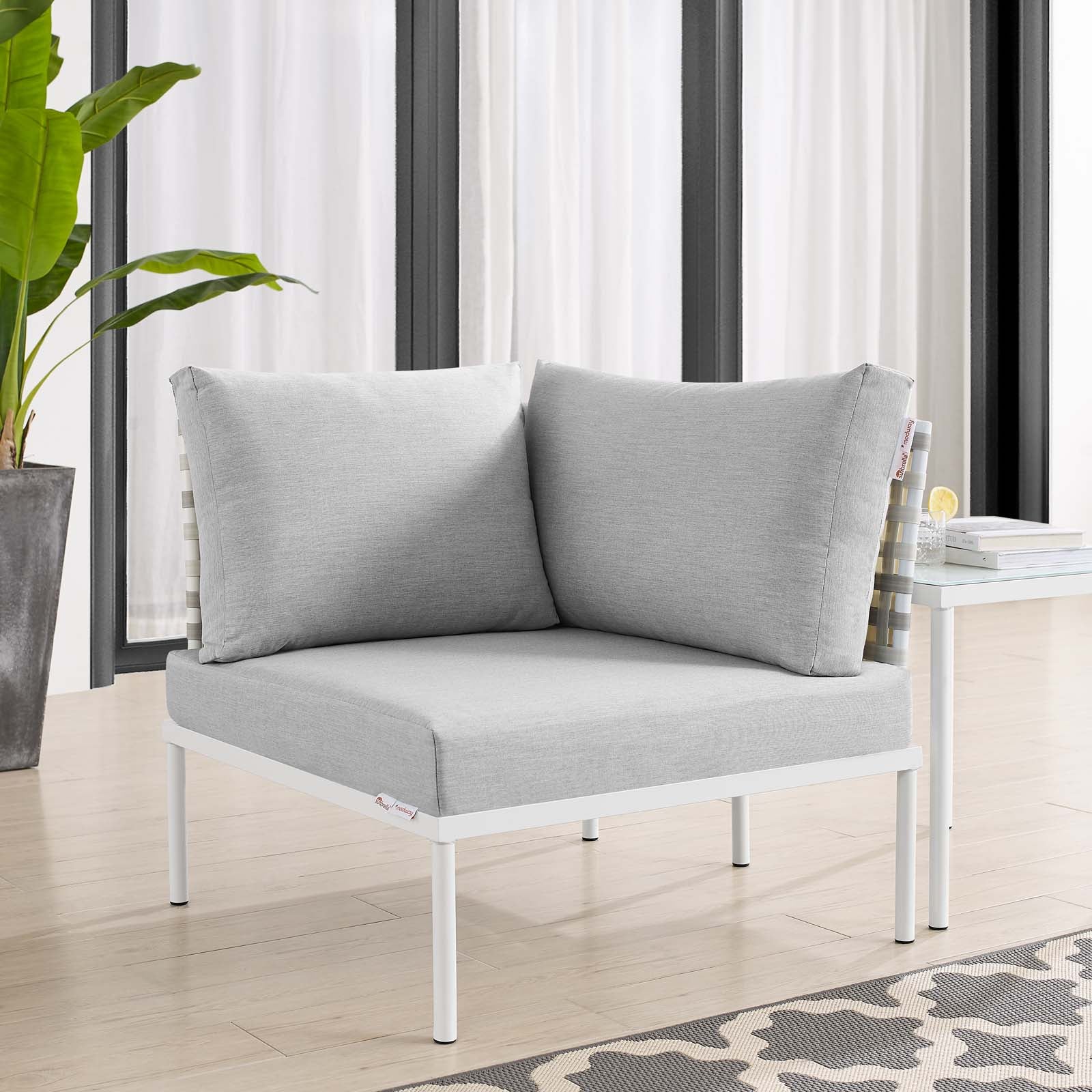 Modway Outdoor Chairs - Harmony Sunbrella Basket Weave Outdoor Patio Aluminum Corner Chair Taupe Gray