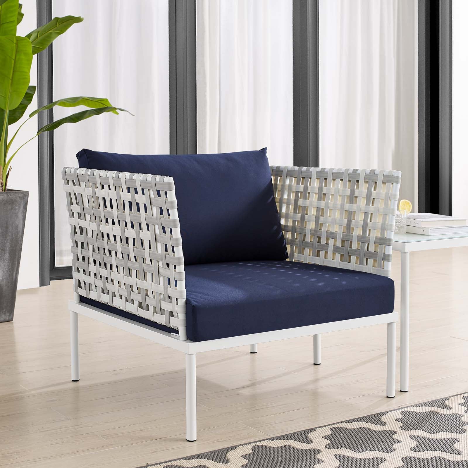Modway Outdoor Chairs - Harmony Sunbrella Basket Weave Outdoor Patio Aluminum Armchair Taupe Navy