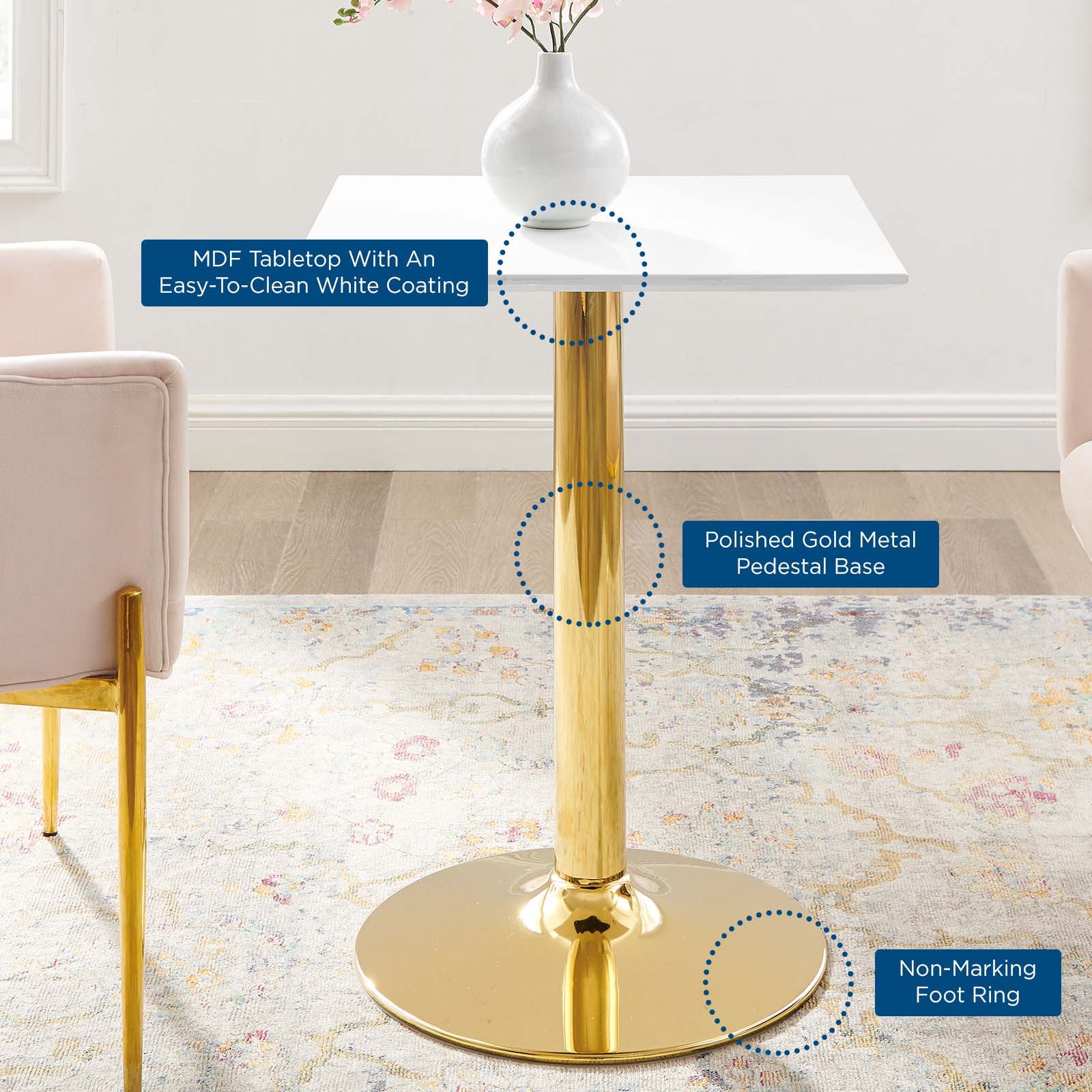 Modway Dining Tables - Verne 24" Square Dining Table Gold White