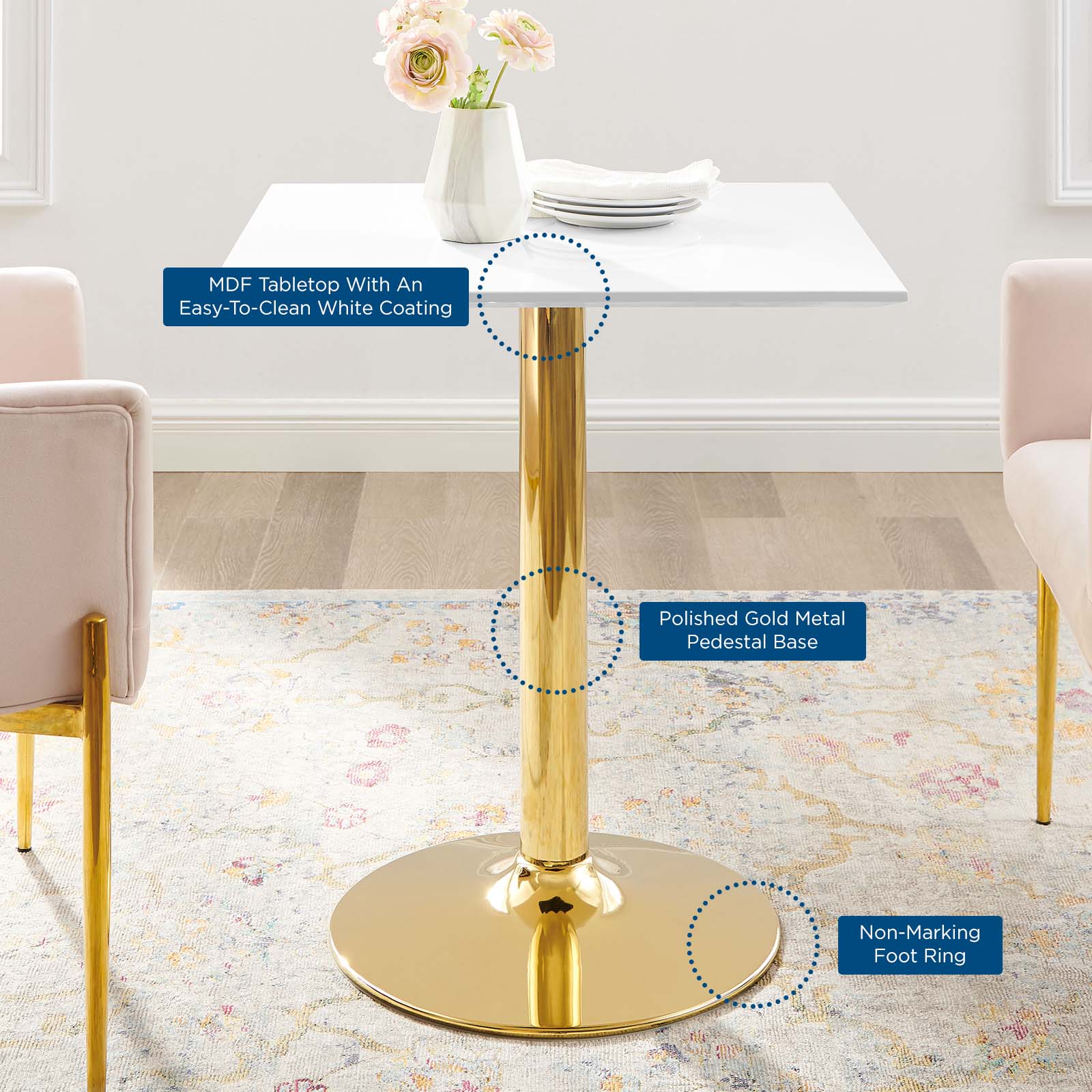 Modway Dining Tables - Verne 28" Square Dining Table Gold White