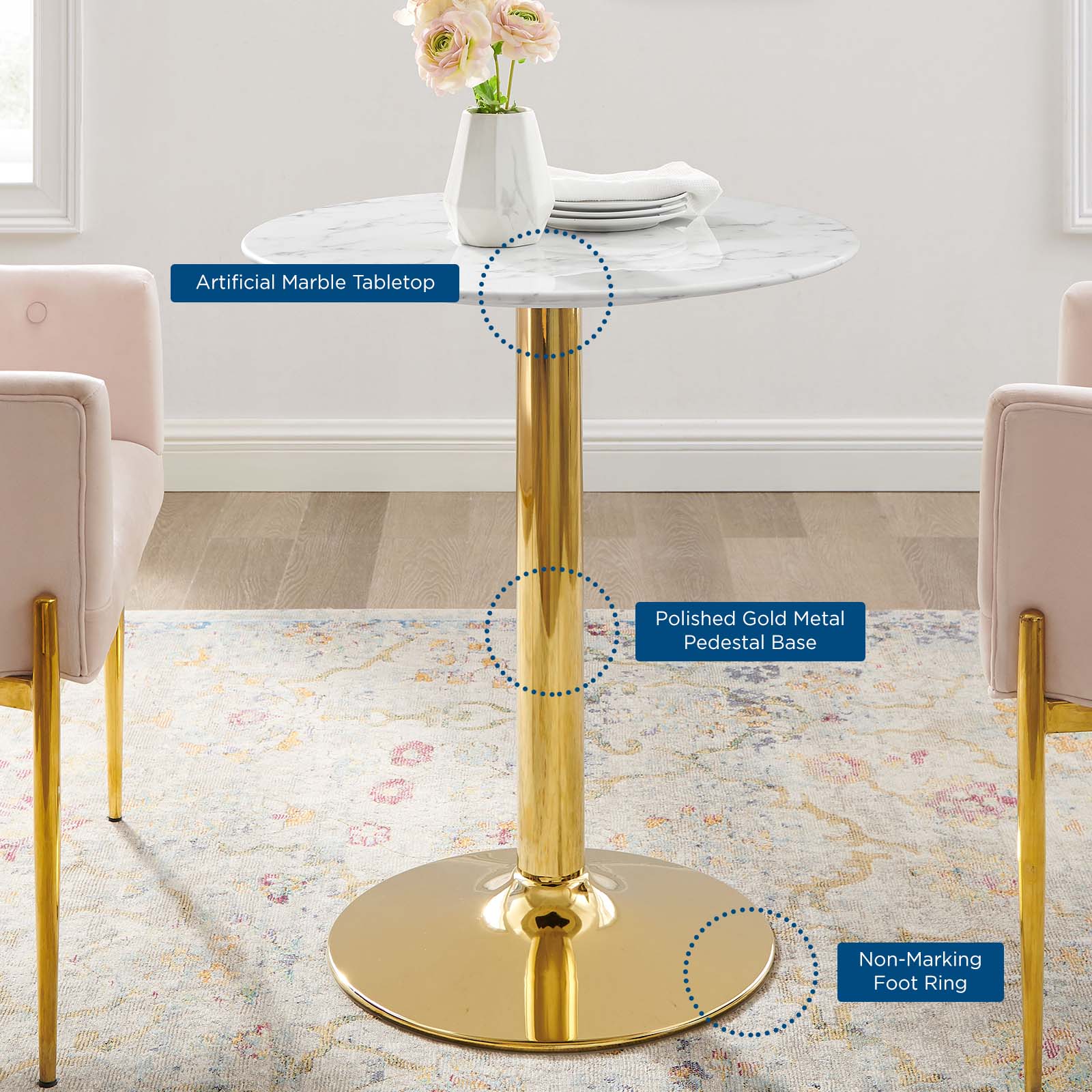Modway Dining Tables - Verne 28" Artificial Marble Dining Table Gold White