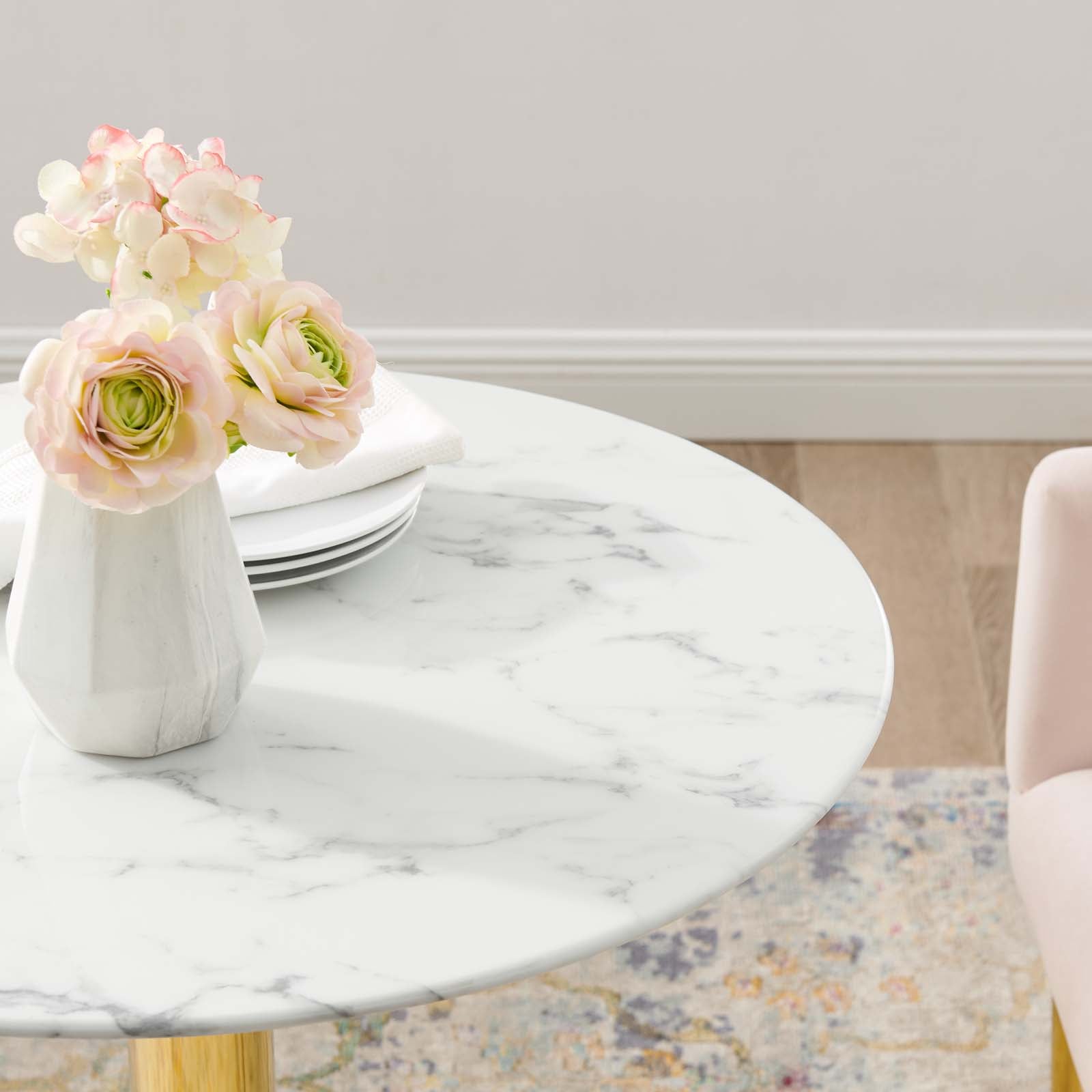 Modway Dining Tables - Verne 28" Artificial Marble Dining Table Gold White