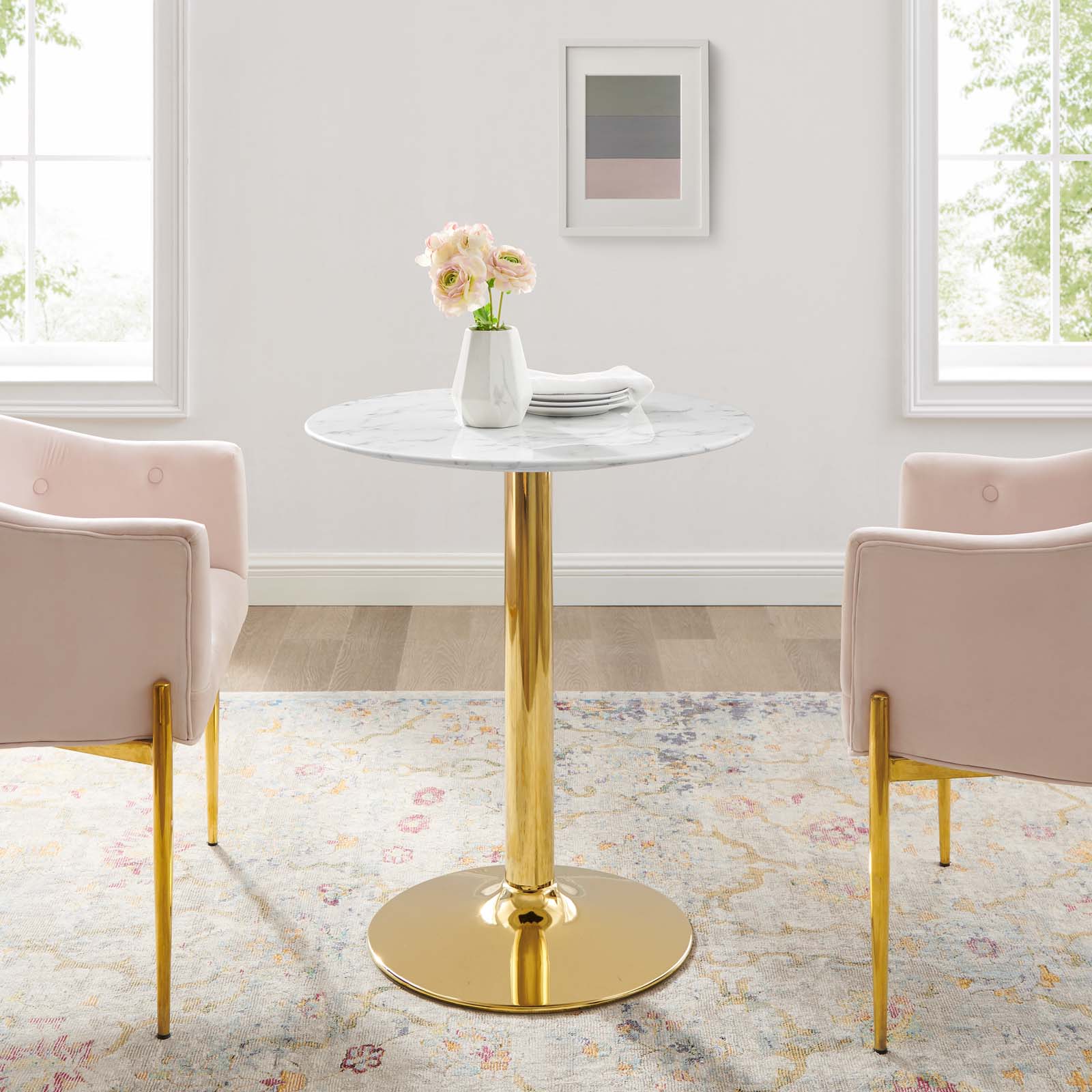 Modway Dining Tables - Verne 28" Artificial Marble Dining Table Gold White