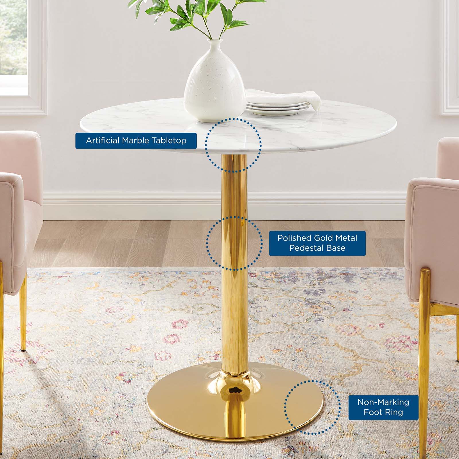 Modway Dining Tables - Verne 35" Artificial Marble Dining Table Gold White