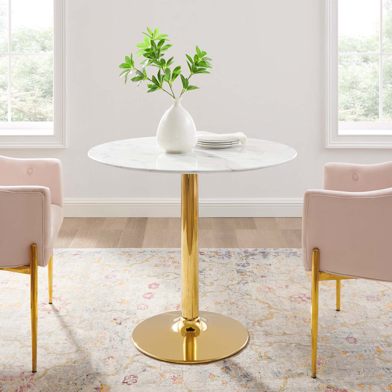 Modway Dining Tables - Verne 35" Artificial Marble Dining Table Gold White