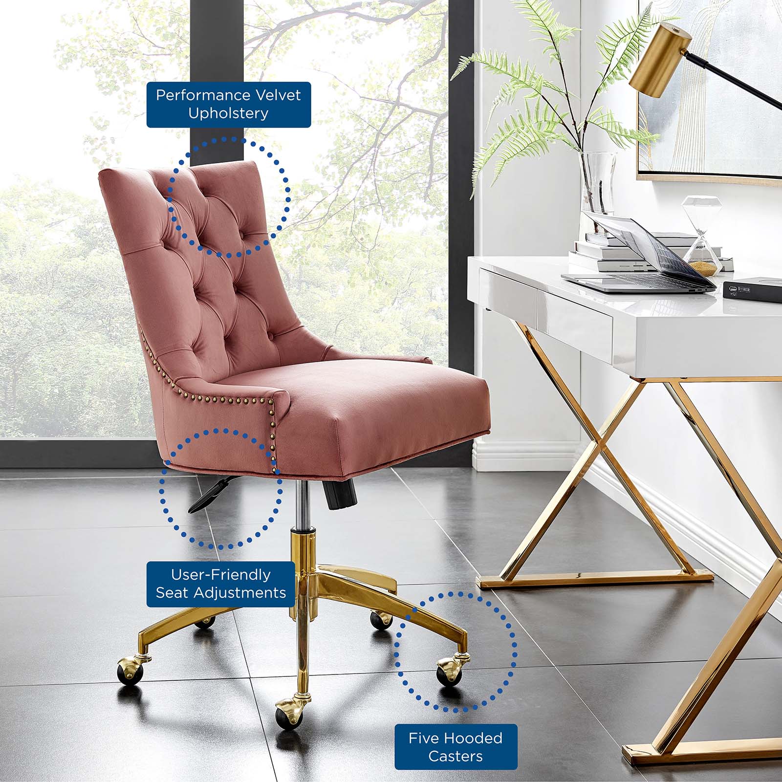 Modway Task Chairs - Regent Tufted Performance Velvet Office Chair Gold Dusty Rose