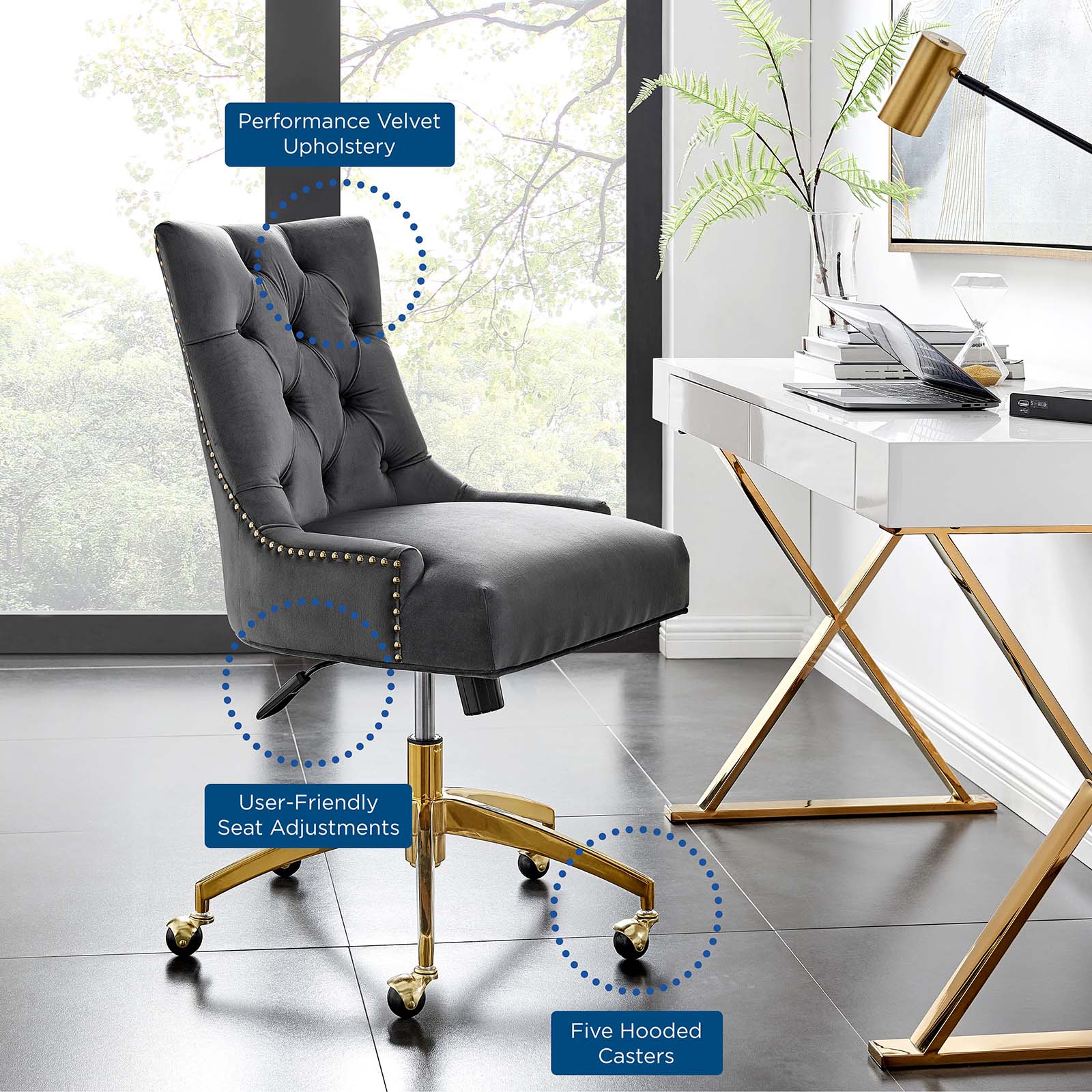 Modway Task Chairs - Regent Tufted Performance Velvet Office Chair Gold Gray
