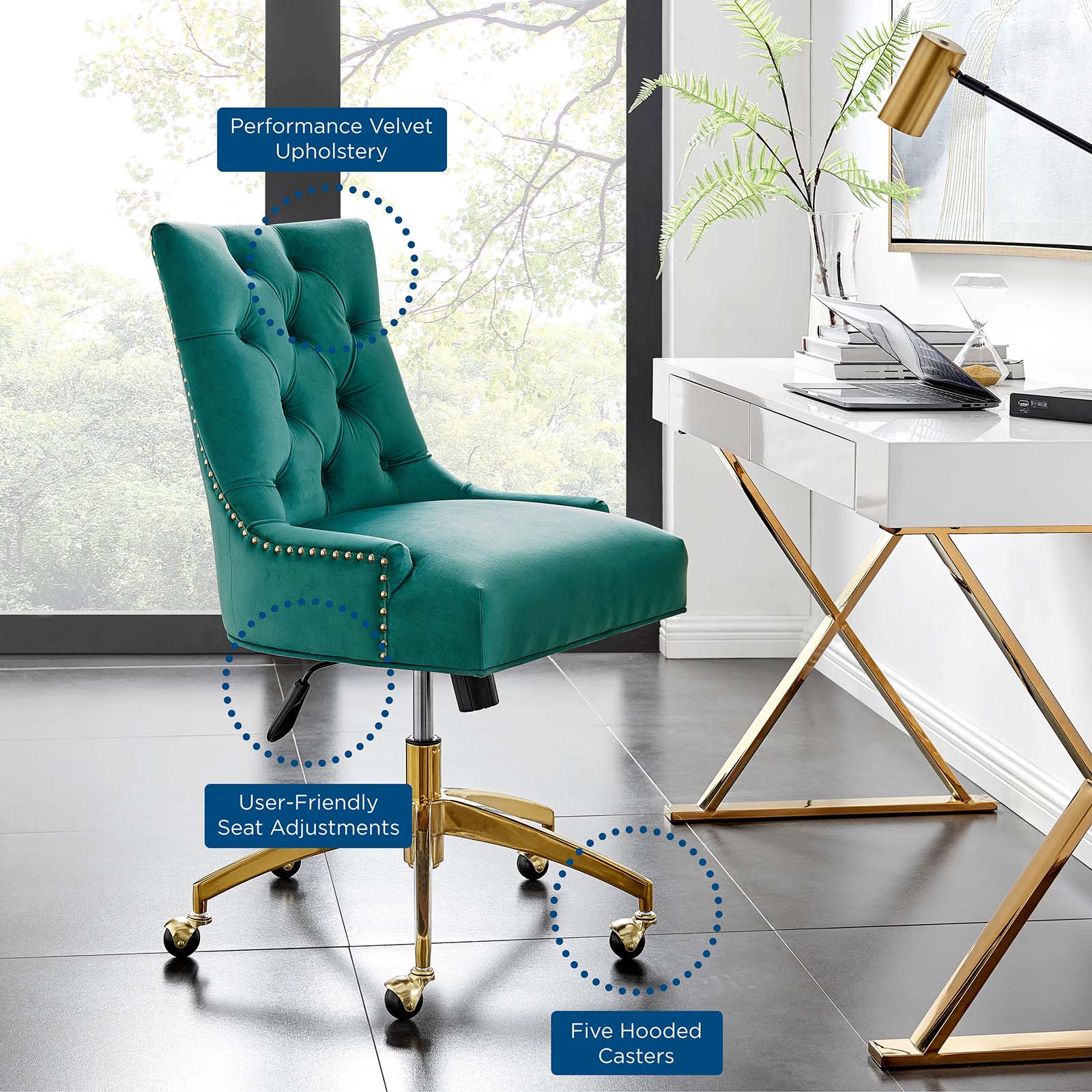 Modway Task Chairs - Regent Tufted Performance Velvet Office Chair Gold Teal