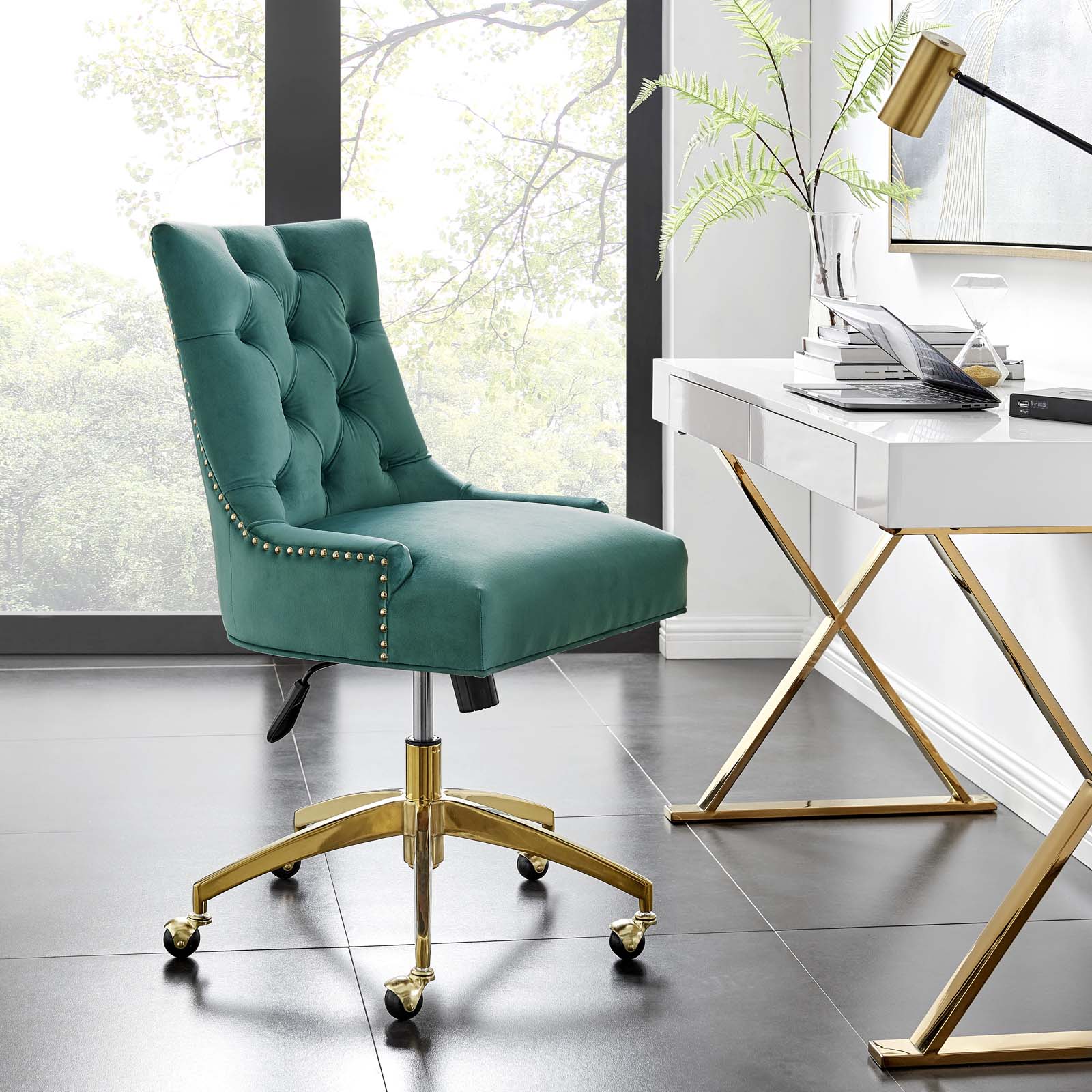 Modway Task Chairs - Regent Tufted Performance Velvet Office Chair Gold Teal