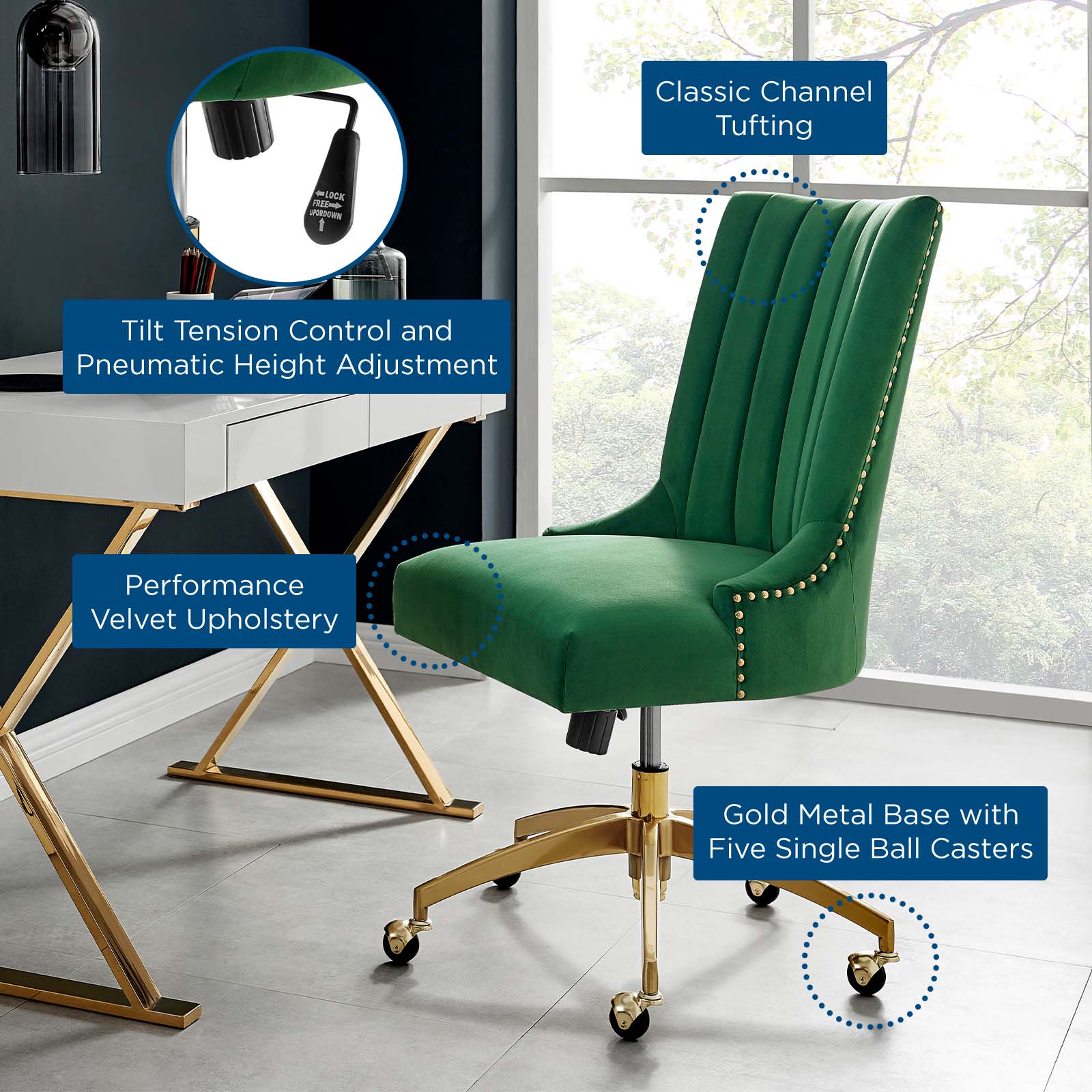Modway Task Chairs - Empower Channel Tufted Performance Velvet Office Chair Gold Emerald