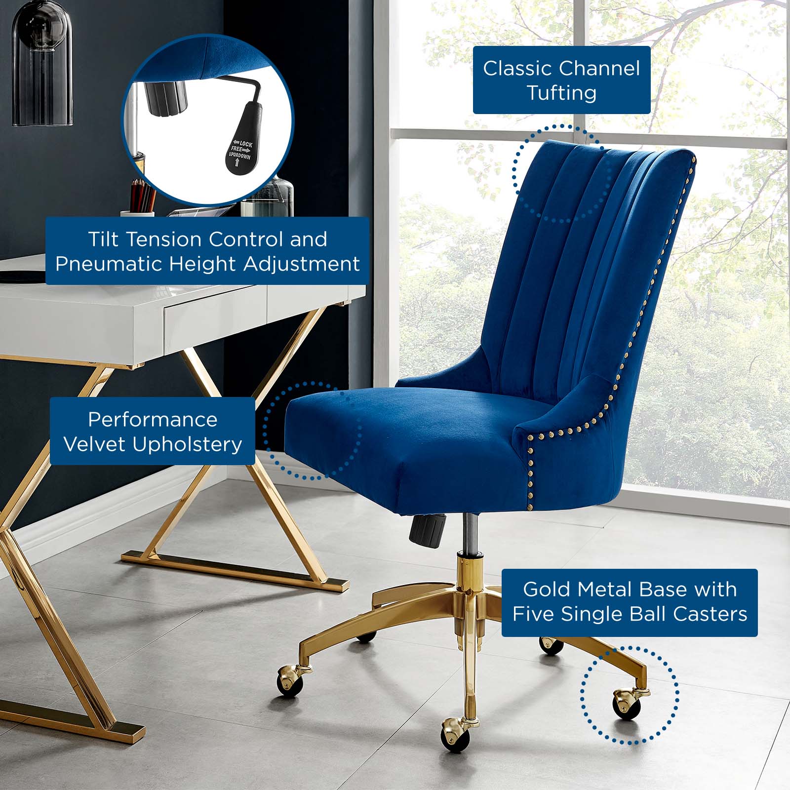 Modway Task Chairs - Empower Channel Tufted Performance Velvet Office Chair Gold Navy