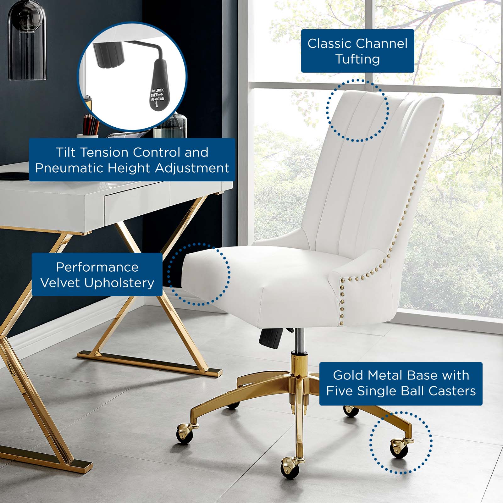Modway Task Chairs - Empower Channel Tufted Performance Velvet Office Chair Gold White