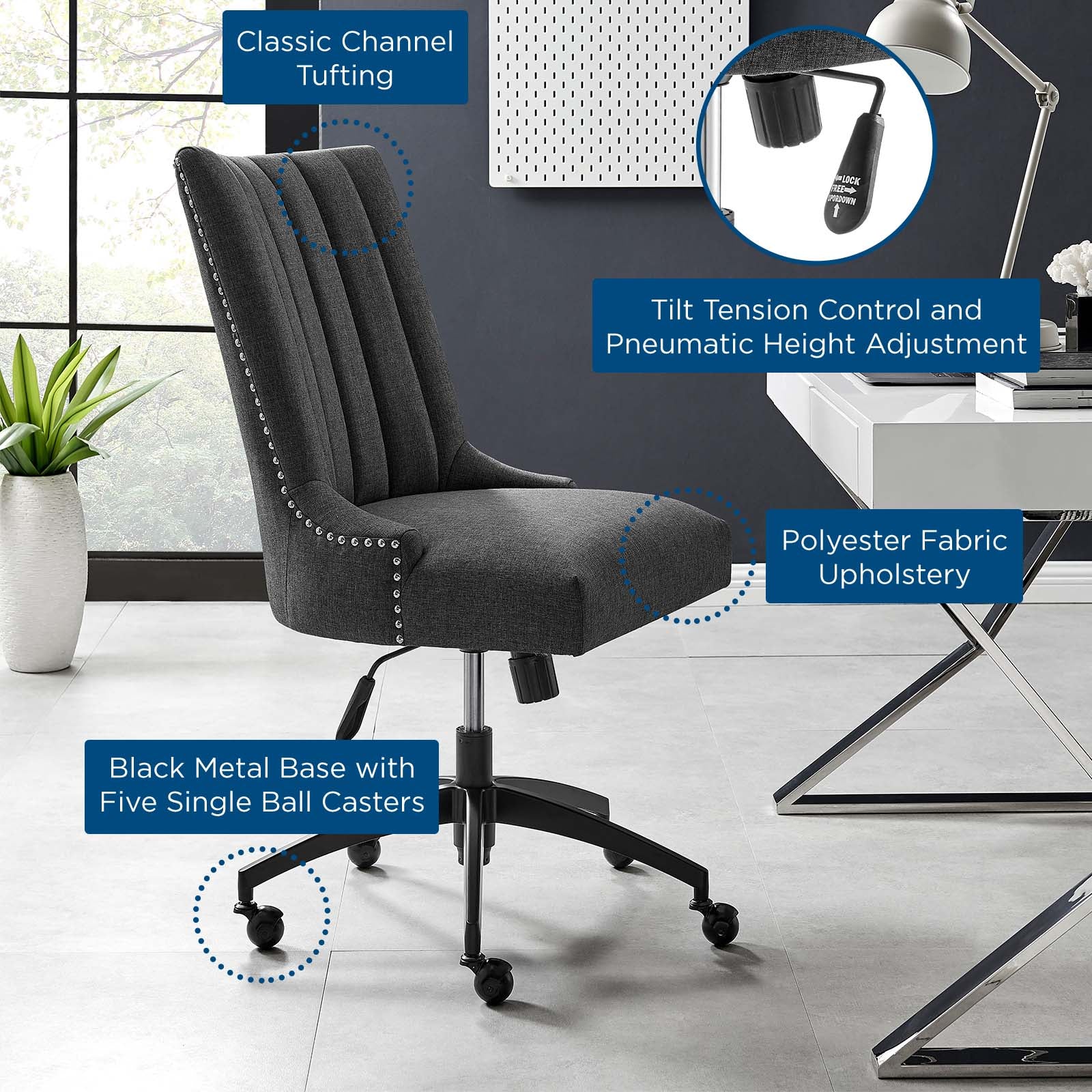 Modway Task Chairs - Empower Channel Tufted Fabric Office Chair Black Gray