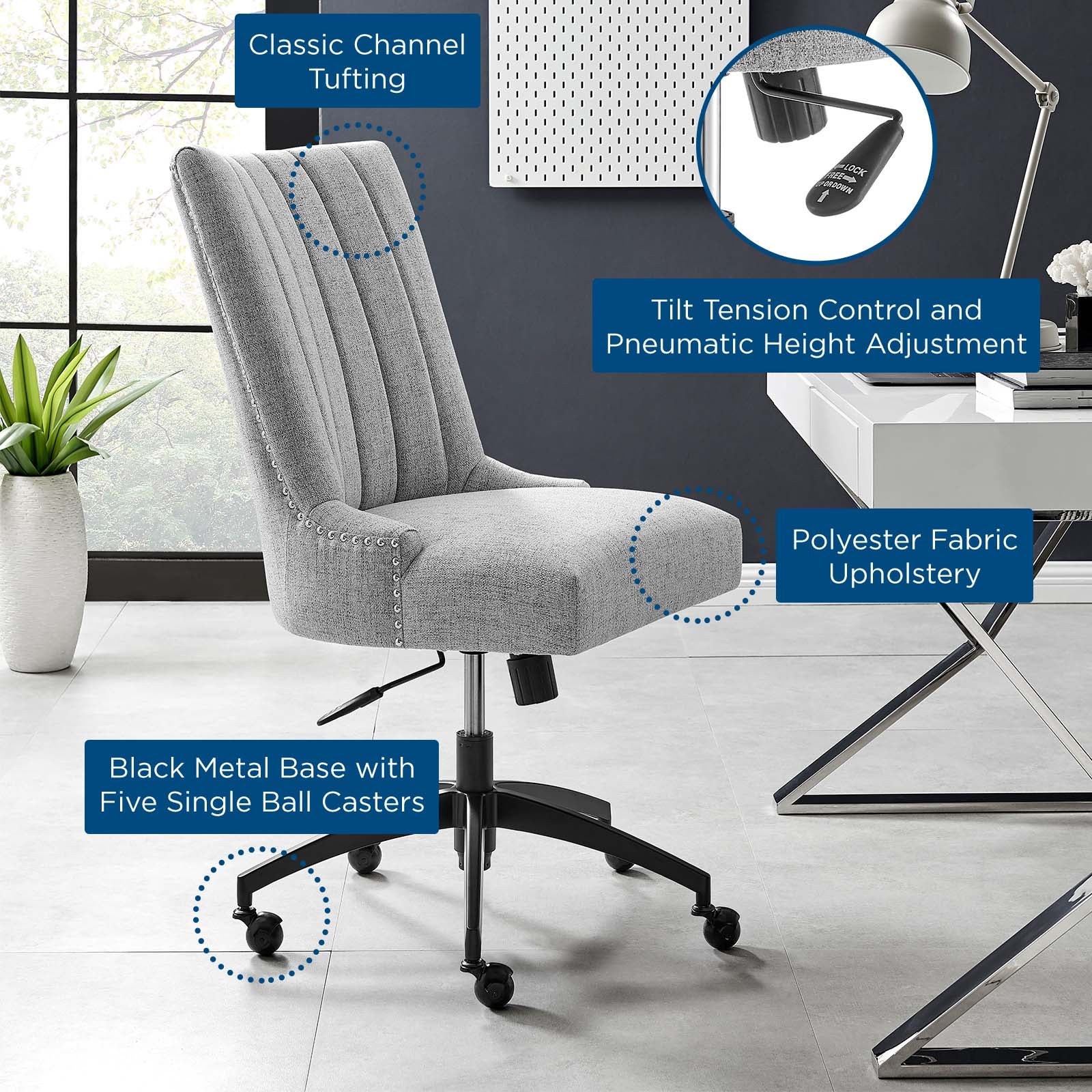 Modway Task Chairs - Empower Channel Tufted Fabric Office Chair Black Light Gray