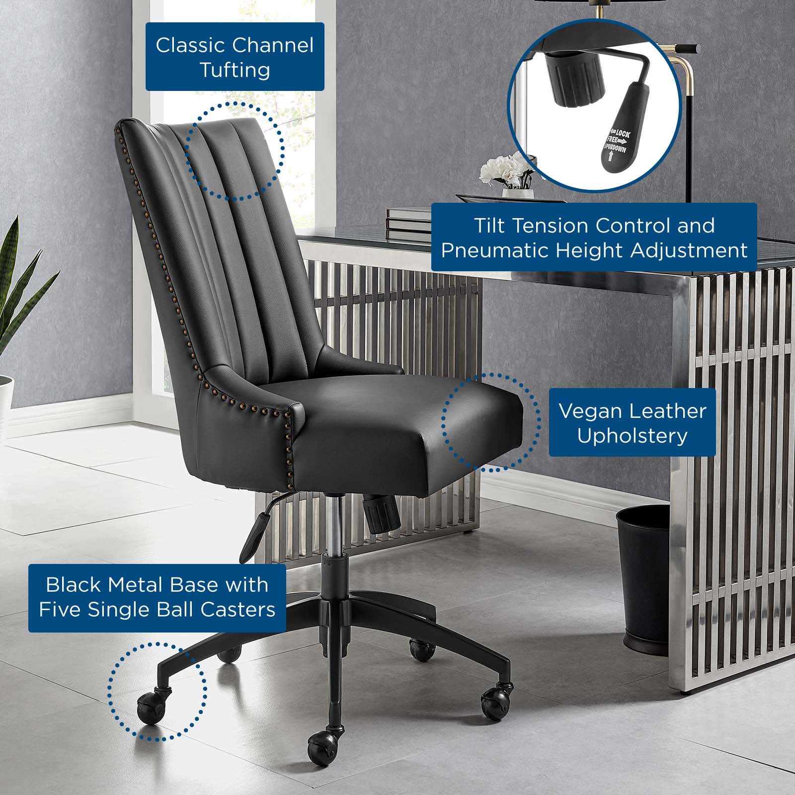 Modway Task Chairs - Empower Channel Tufted Vegan Leather Office Chair Black Black