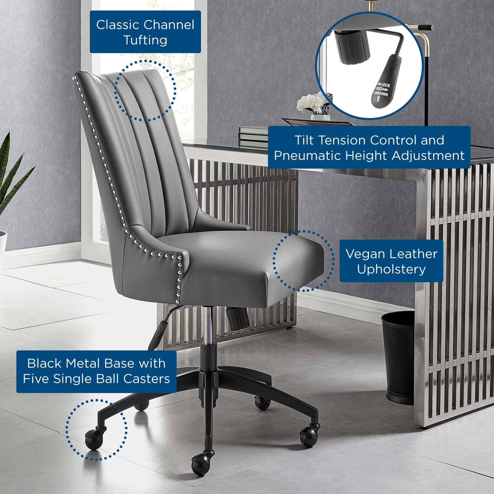 Modway Task Chairs - Empower Channel Tufted Vegan Leather Office Chair Black Gray