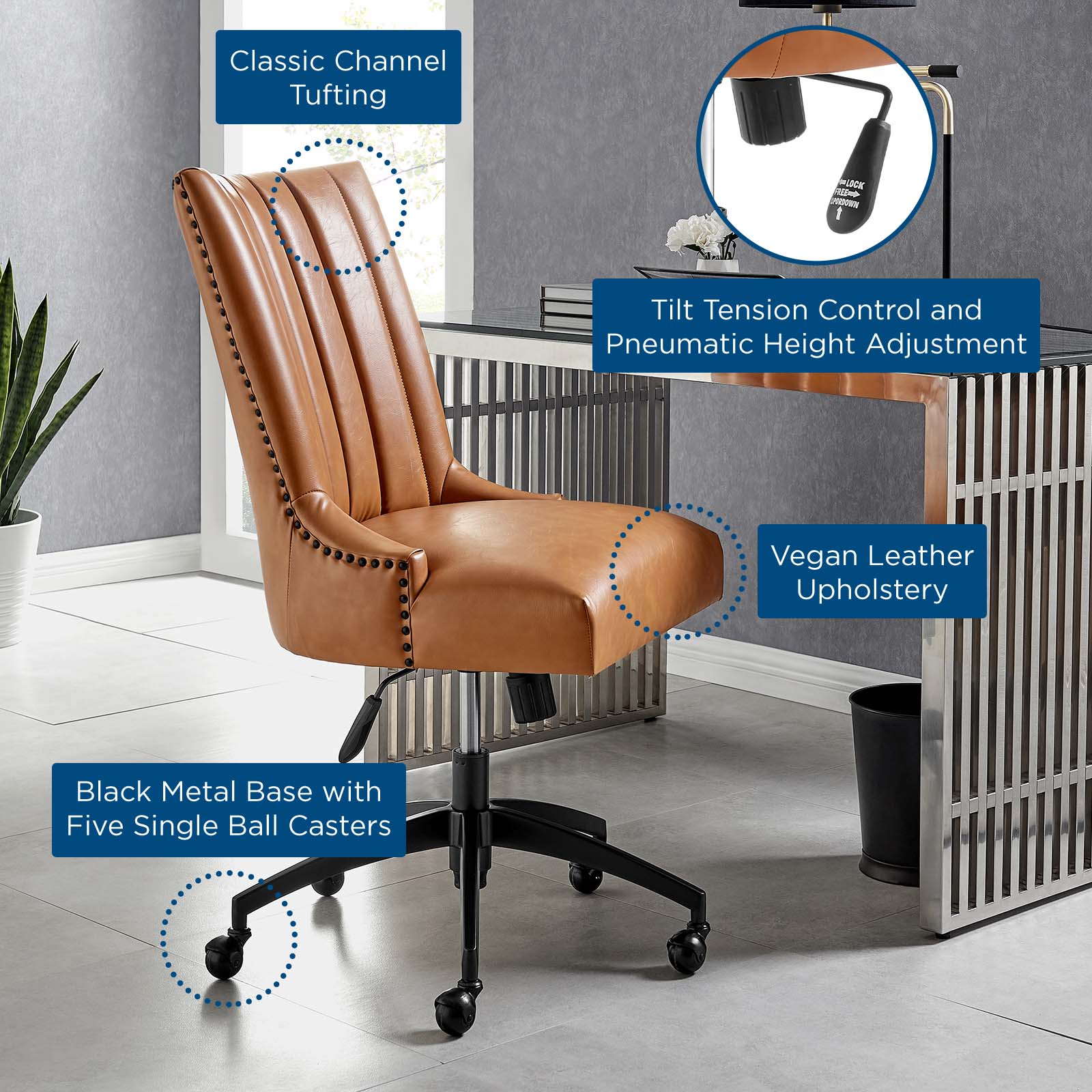 Modway Task Chairs - Empower Channel Tufted Vegan Leather Office Chair Black Tan