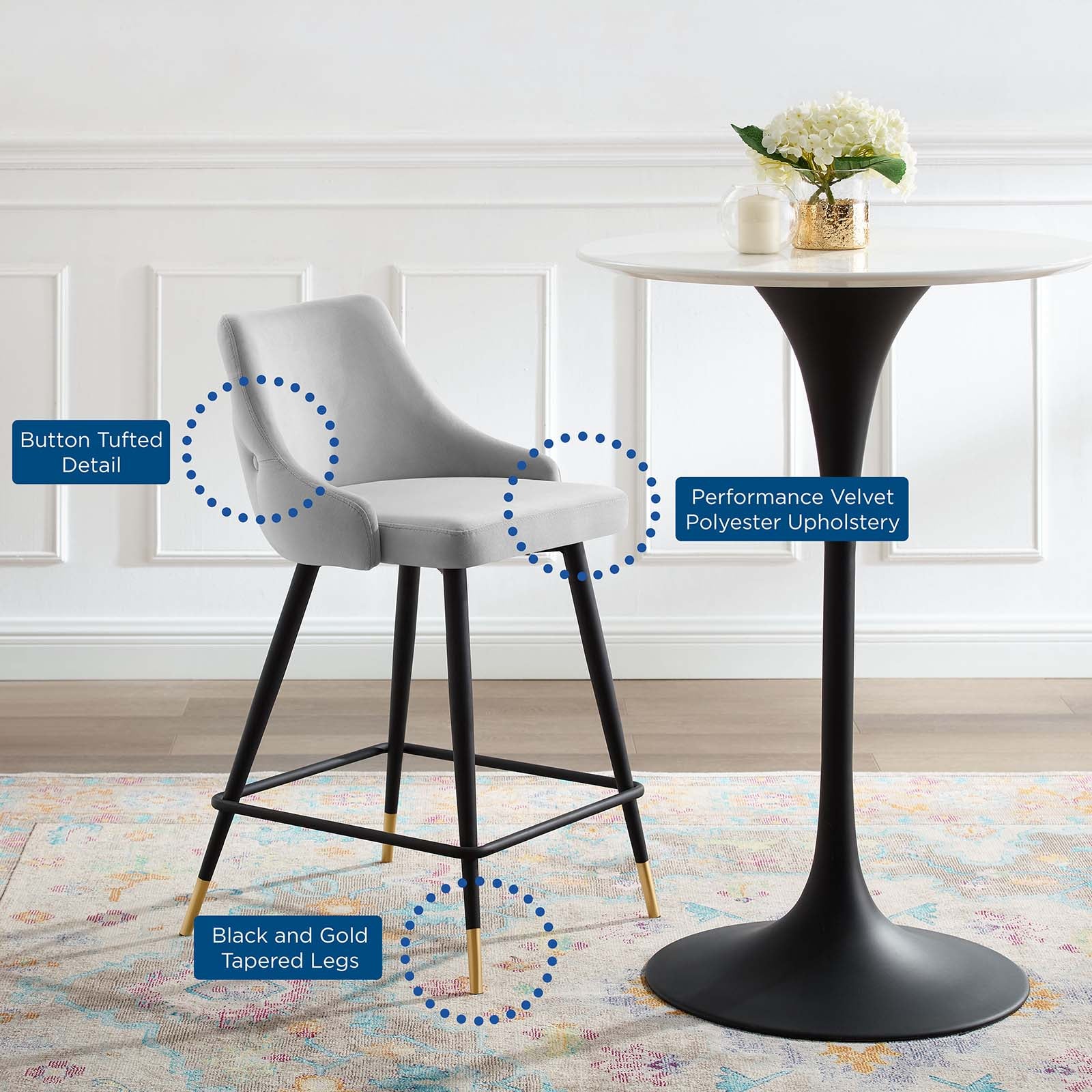 Modway Barstools - Adorn Performance Velvet Counter Stool Set of 2 Light Gray