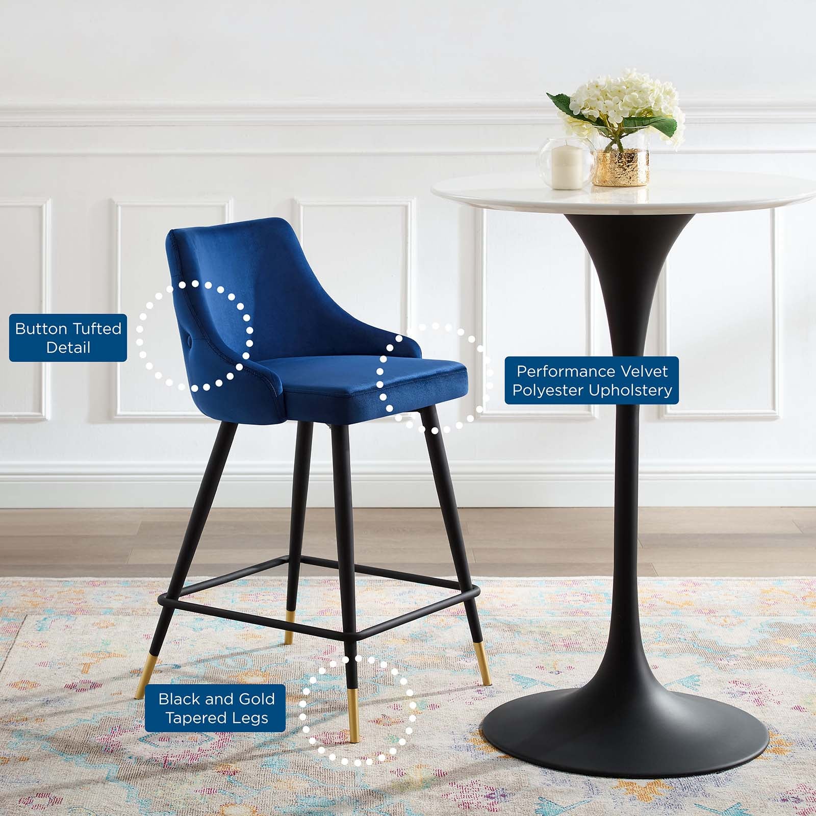 Modway Barstools - Adorn Performance Velvet Counter Stool Set of 2 Navy