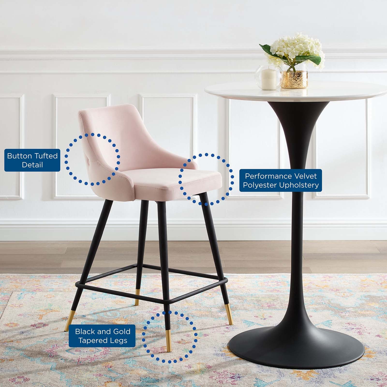 Modway Dining Chairs - Adorn Performance Velvet Counter Stool Pink (Set of 2)