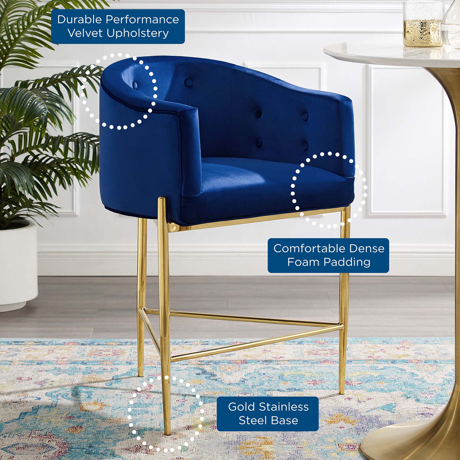 Modway Barstools - Savour Tufted Performance Velvet Counter Stool Set of 2 Navy