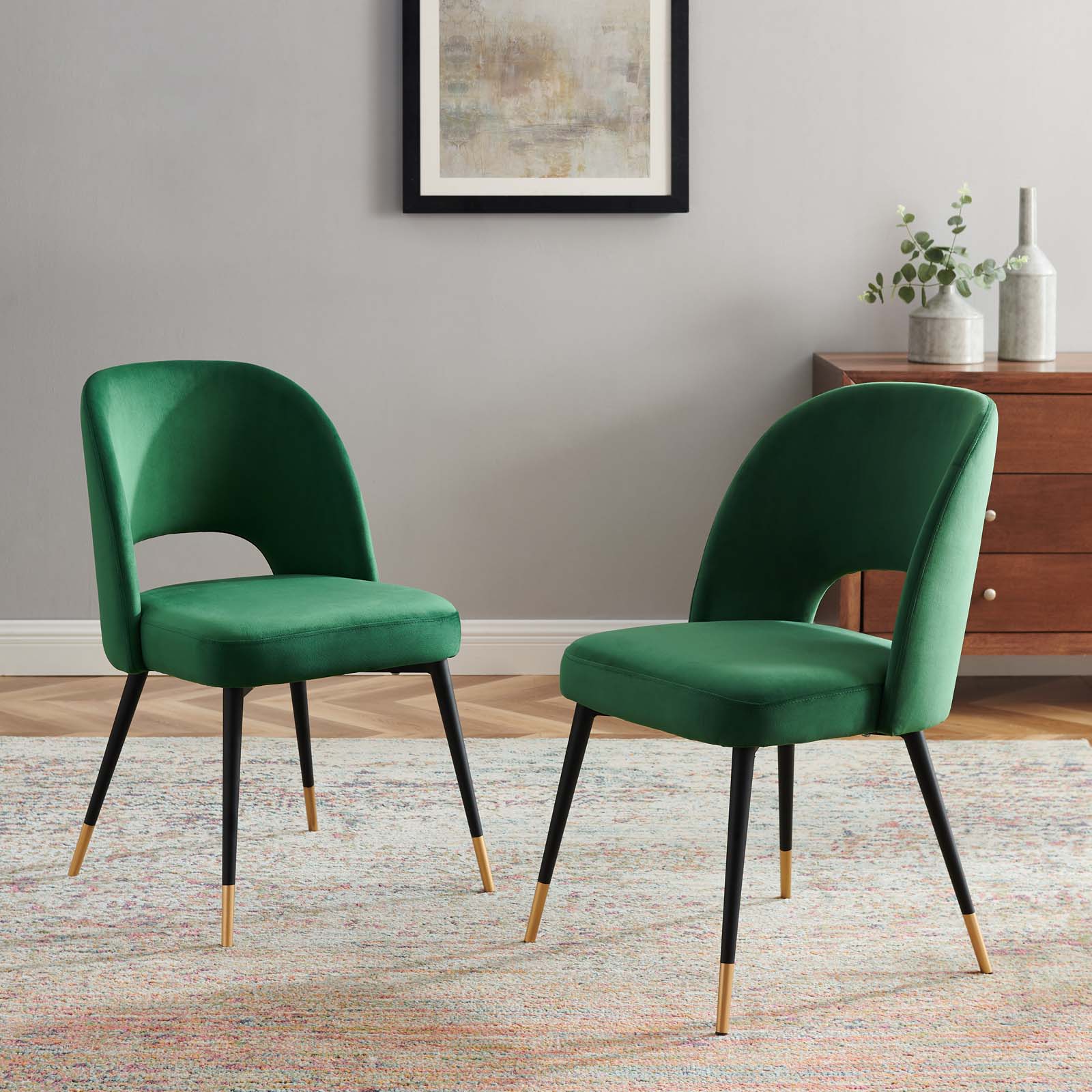 Modway Dining Chairs - Rouse Performance Velvet Dining Side Chairs - Emerald (Set of 2)