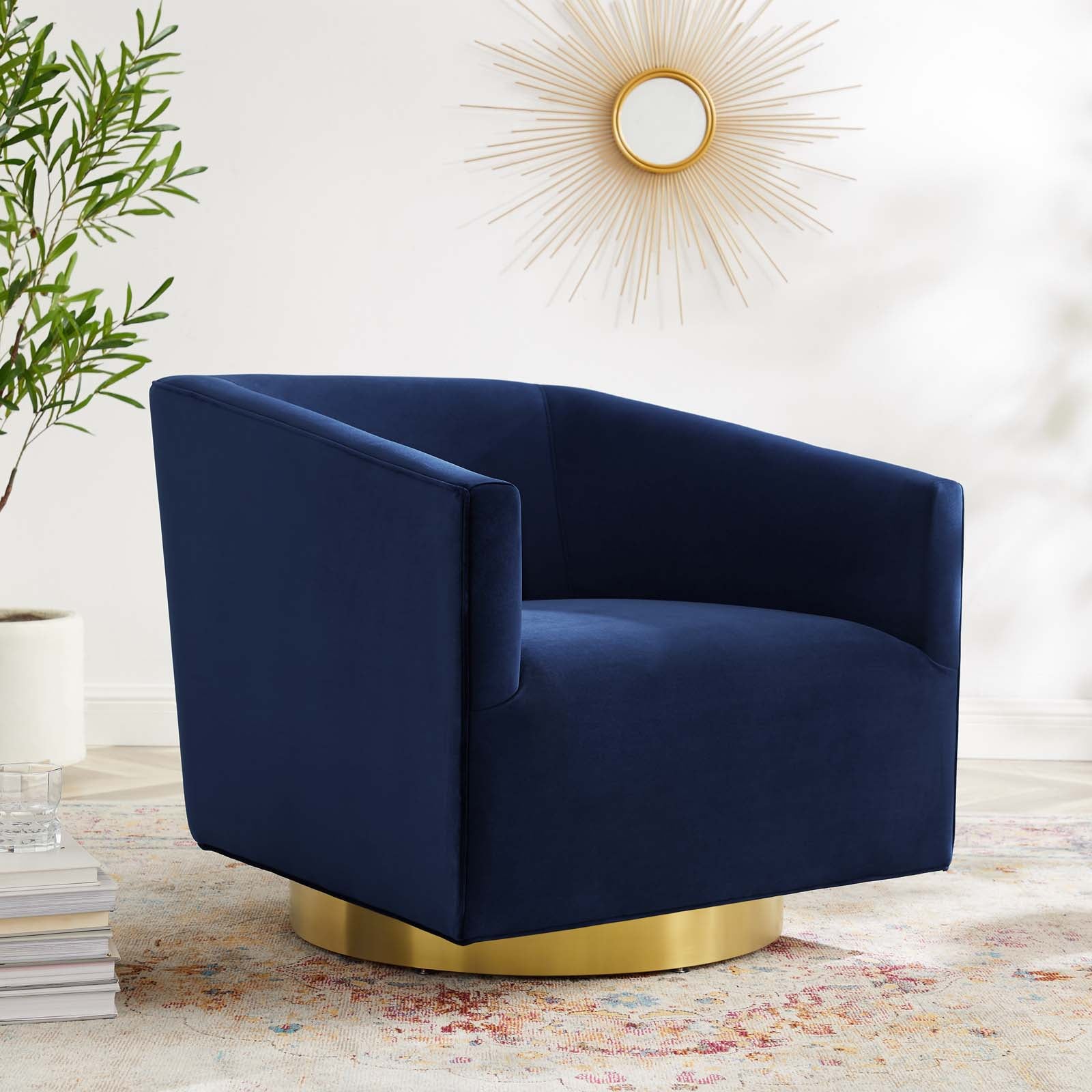 Modway Accent Chairs - Twist-Accent-Lounge-Performance-Velvet-Swivel-Chair-Gold-Midnight-Blue