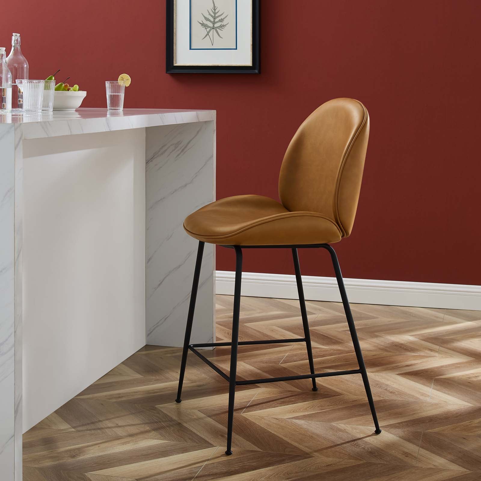 Modway Barstools - Scoop-Black-Powder-Coated-Steel-Leg-Vegan-Leather-Counter-Stool-Tan