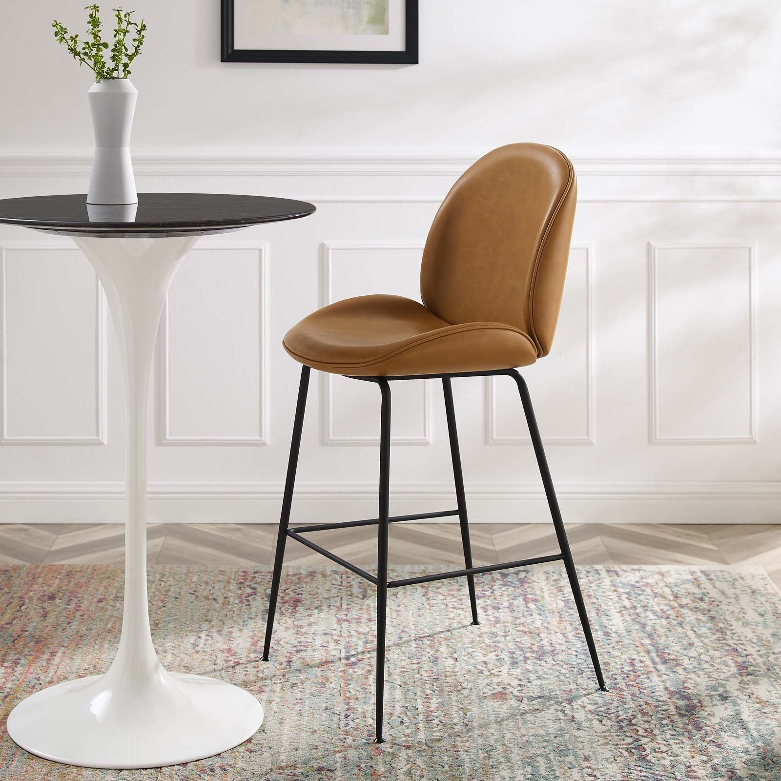 Modway Barstools - Scoop-Black-Powder-Coated-Steel-Leg-Vegan-Leather-Bar-Stool-Tan