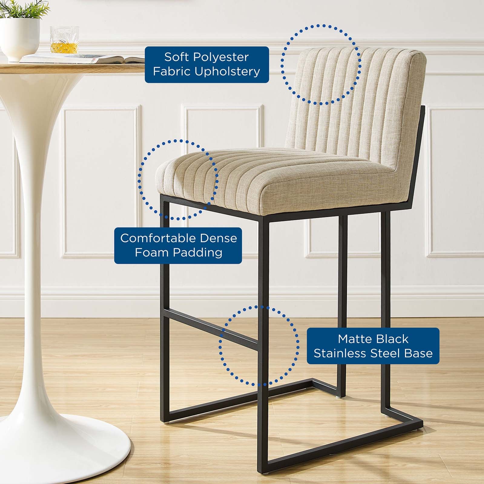 Modway Barstools - Indulge Channel Tufted Fabric Bar Stool Beige