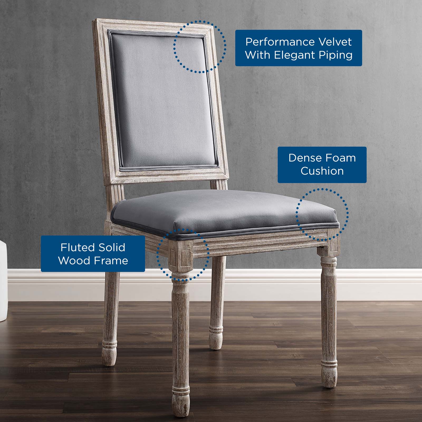 Modway Dining Chairs - Court French Vintage Performance Velvet Dining Side Chair Natural Gray