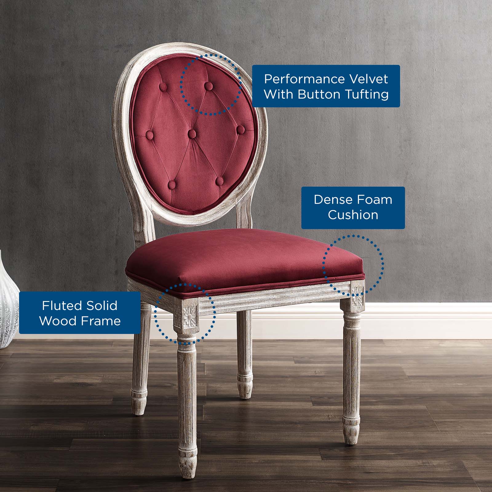 Modway Dining Chairs - Arise Vintage French Performance Velvet Dining Side Chair Natural Maroon